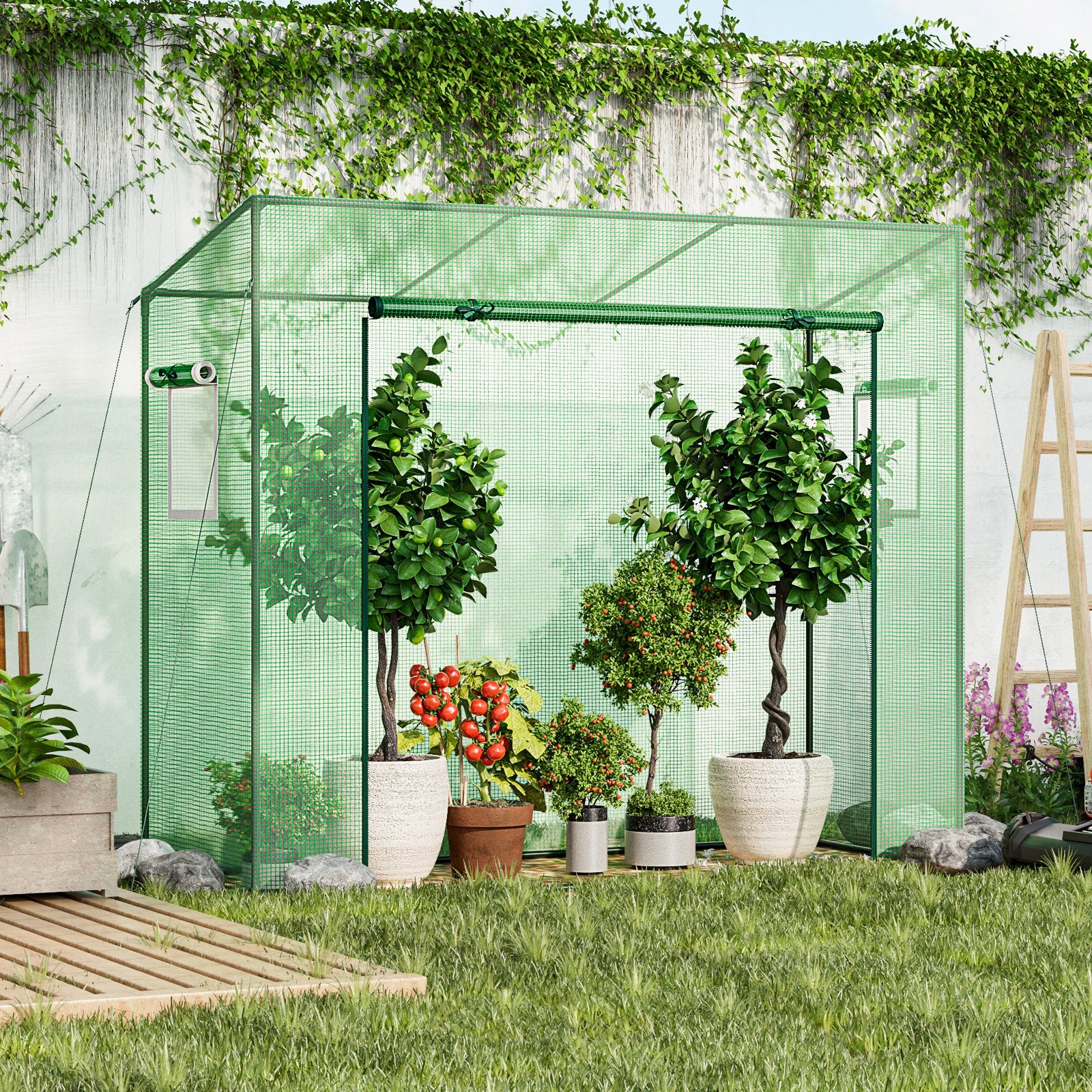 Outdoor Portable Walk-in Greenhouse with PE Cover Heavy-Duty Metal Frame Roll-up Zipper Door, Green Greenhouses   at Gallery Canada