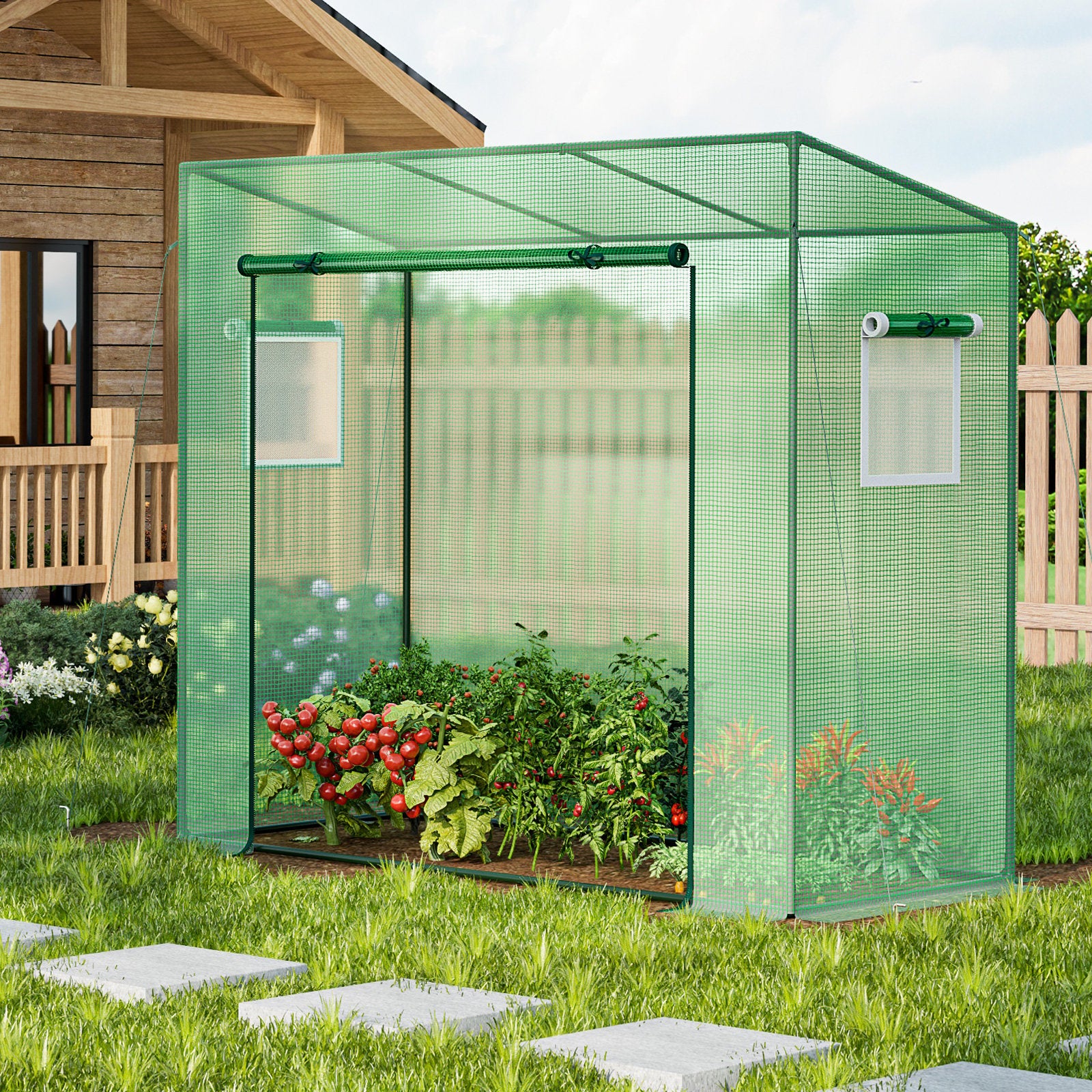 Outdoor Portable Walk-in Greenhouse with PE Cover Heavy-Duty Metal Frame Roll-up Zipper Door, Green Greenhouses   at Gallery Canada