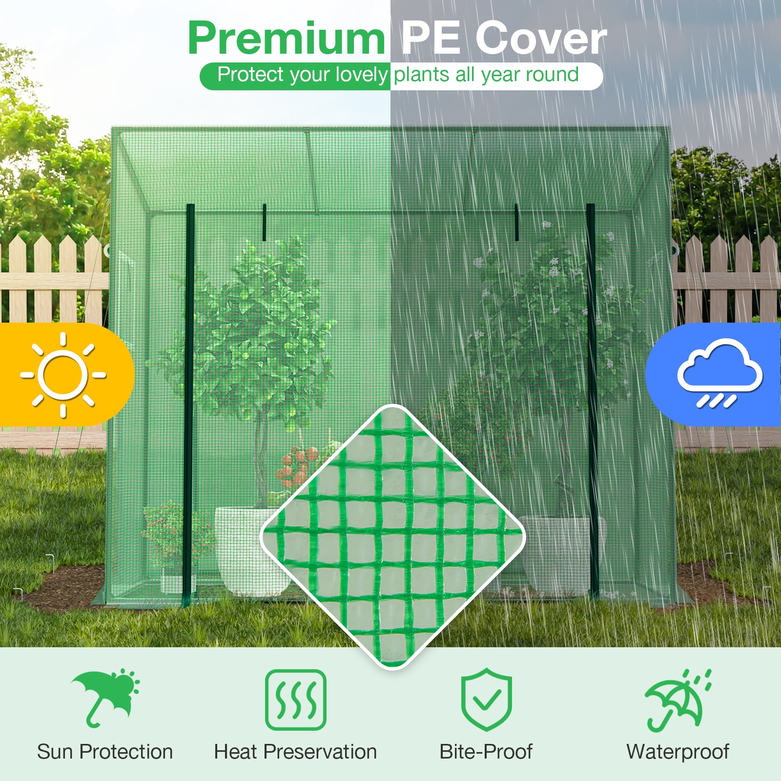 Outdoor Portable Walk-in Greenhouse with PE Cover Heavy-Duty Metal Frame Roll-up Zipper Door, Green Greenhouses   at Gallery Canada