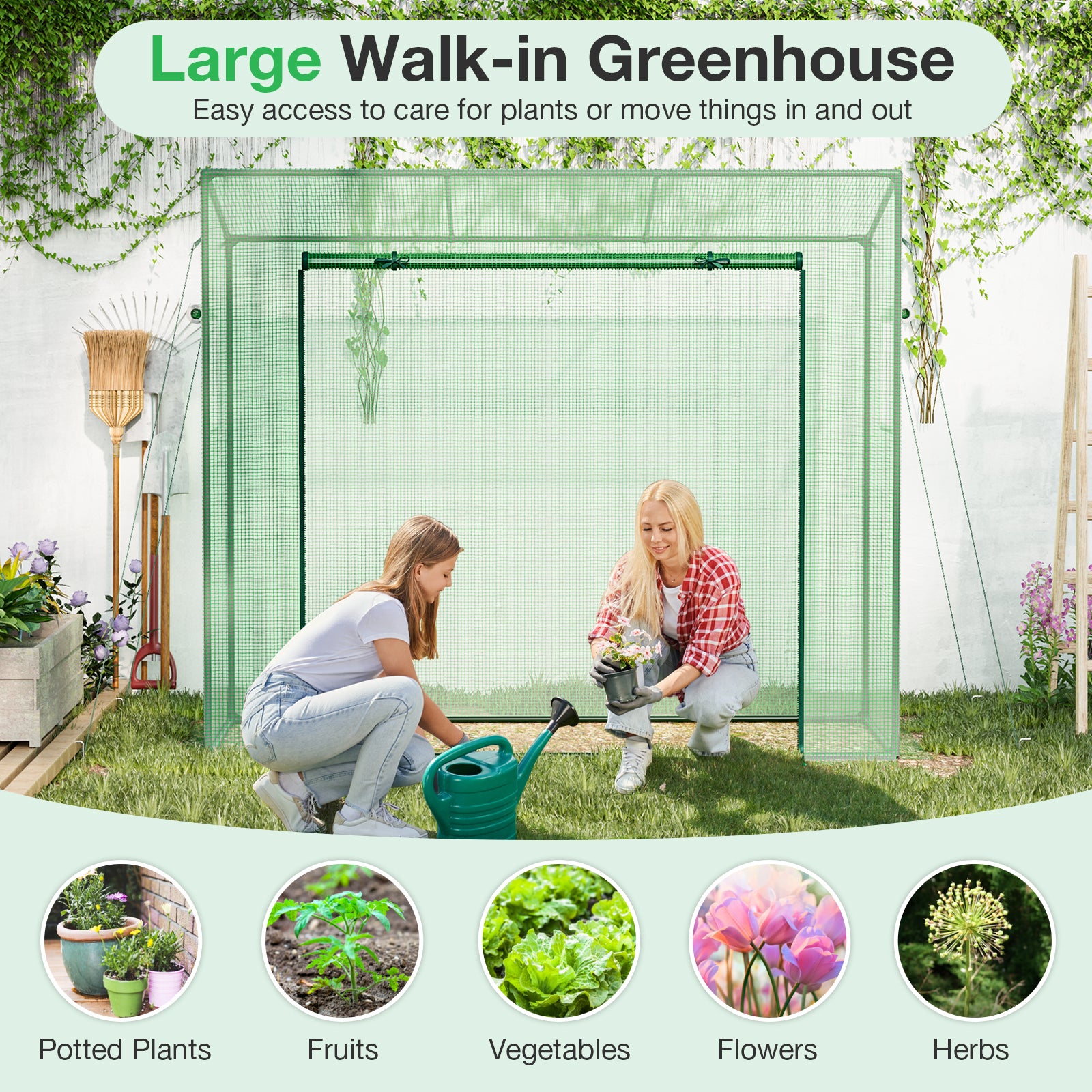 Outdoor Portable Walk-in Greenhouse with PE Cover Heavy-Duty Metal Frame Roll-up Zipper Door, Green Greenhouses   at Gallery Canada