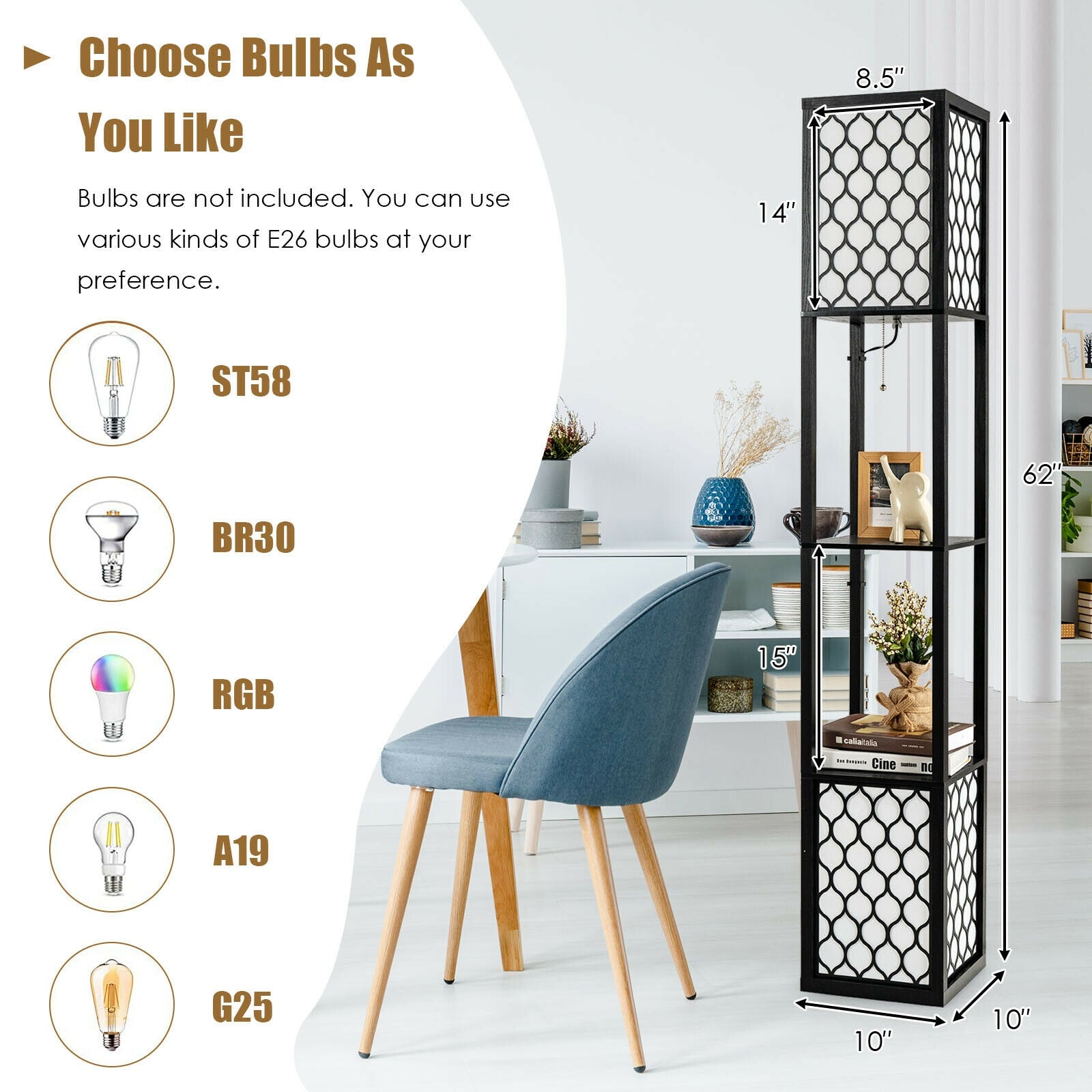 Modern Shelf Freestanding Floor Lamp with Double Lamp Pull Chain and Foot Switch, Black Table & Floor Lamps at Gallery Canada