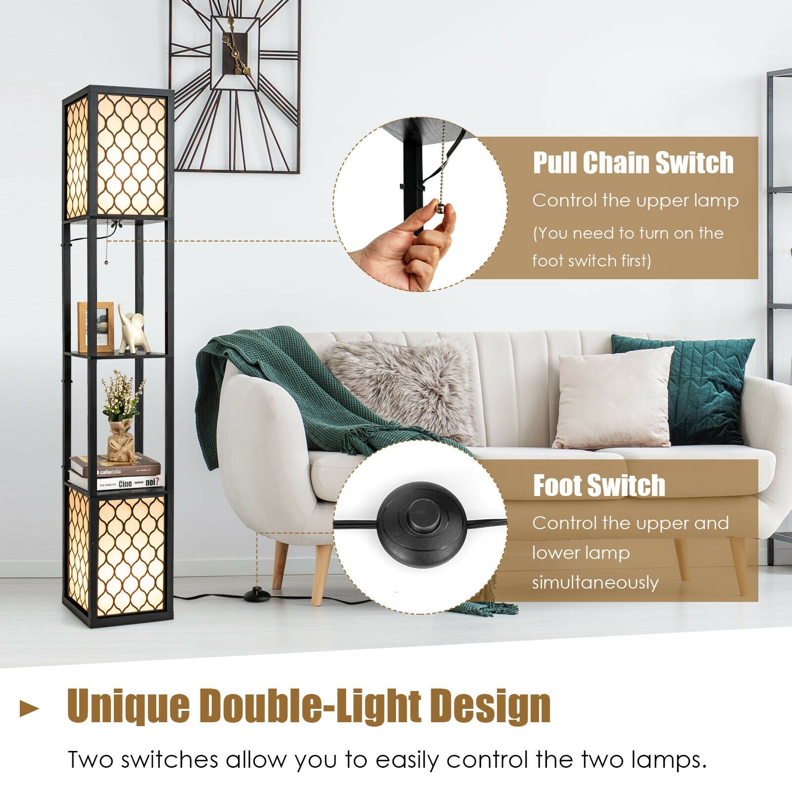 Modern Shelf Freestanding Floor Lamp with Double Lamp Pull Chain and Foot Switch, Black Table & Floor Lamps at Gallery Canada