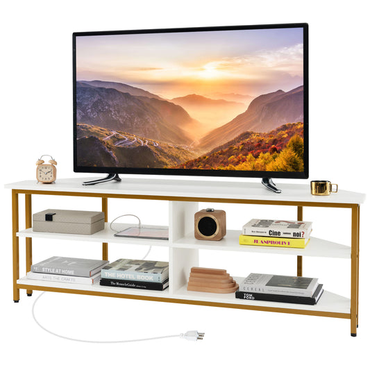 3-Tier Corner TV Stand for TVs up to 65 Inches with Charging Station- White, White - Gallery Canada