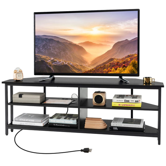 3-Tier Corner TV Stand for TVs up to 65 Inches with Charging Station-Black, Black