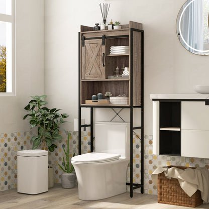 4-Tier Multifunctional Toilet Storage Cabinet with Adjustable Shelf and Sliding Barn Door, Gray Bathroom Etagere   at Gallery Canada