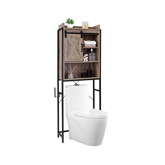 4-Tier Multifunctional Toilet Storage Cabinet with Adjustable Shelf and Sliding Barn Door, Gray - Gallery Canada