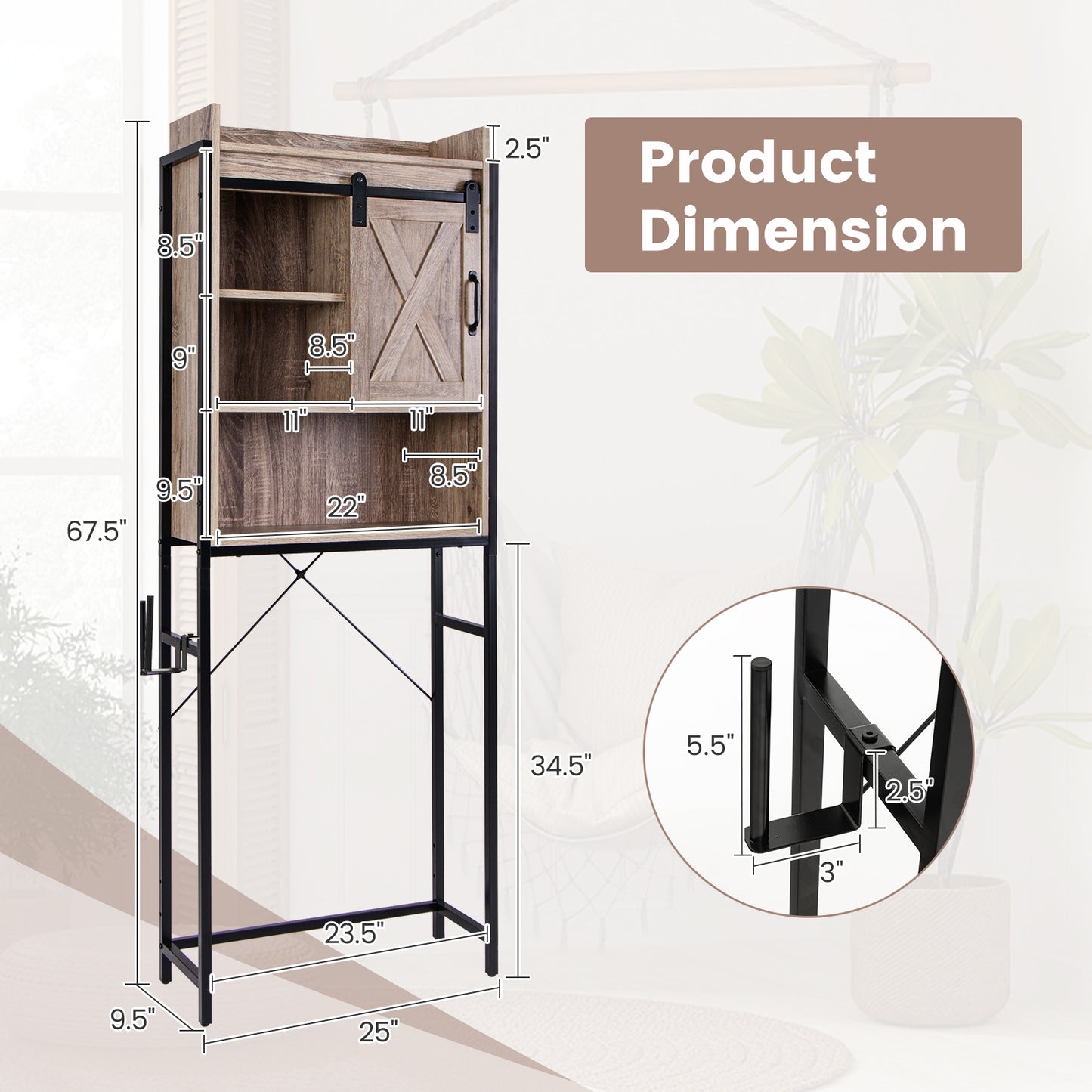 4-Tier Multifunctional Toilet Storage Cabinet with Adjustable Shelf and Sliding Barn Door, Gray Bathroom Etagere   at Gallery Canada