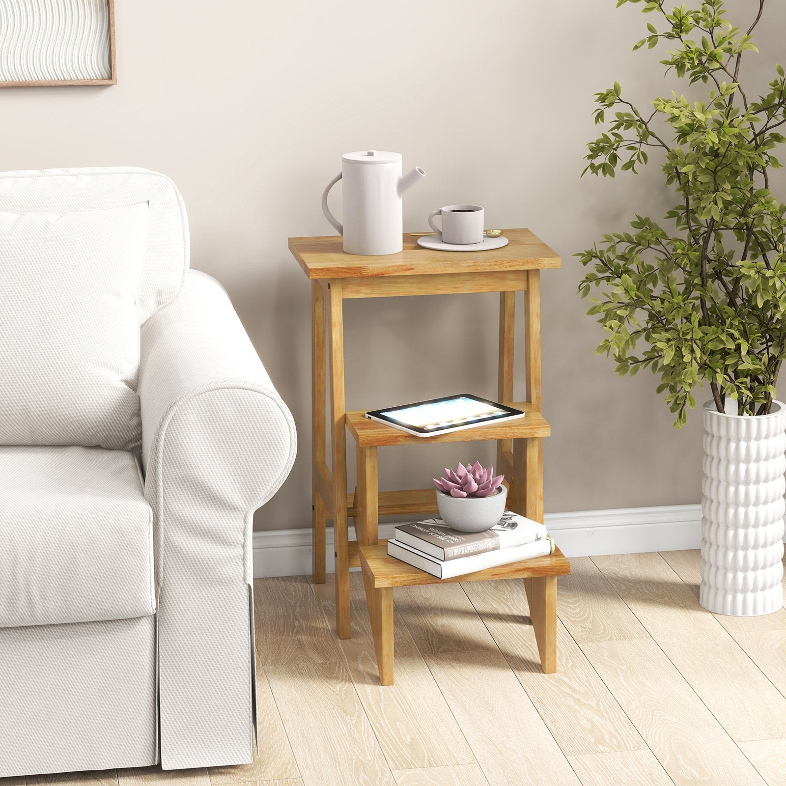 3-in-1 Rubber Wood Step Stool with Convenient Handle, Natural Kitchen Utensils   at Gallery Canada