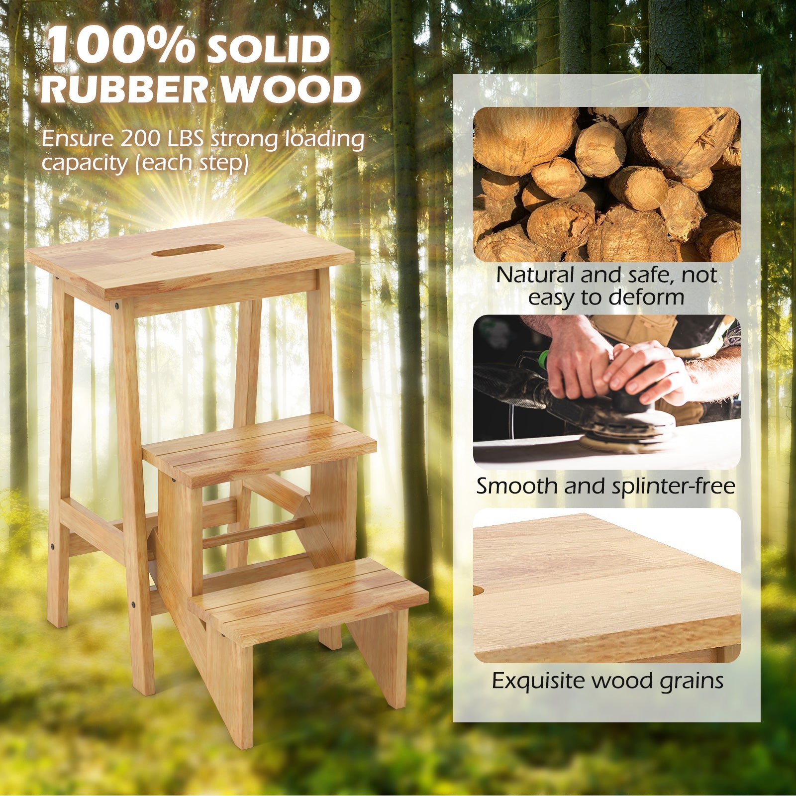 3-in-1 Rubber Wood Step Stool with Convenient Handle, Natural Kitchen Utensils   at Gallery Canada