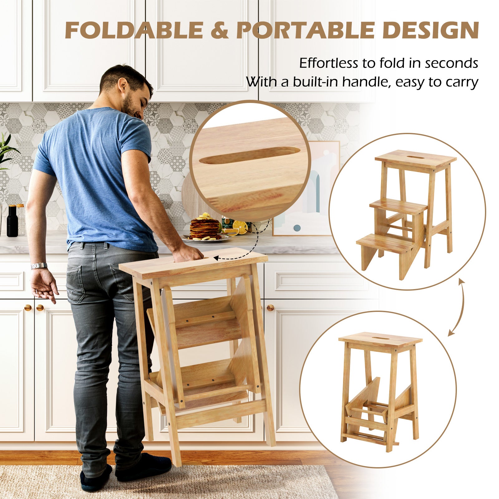 3-in-1 Rubber Wood Step Stool with Convenient Handle, Natural Kitchen Utensils   at Gallery Canada