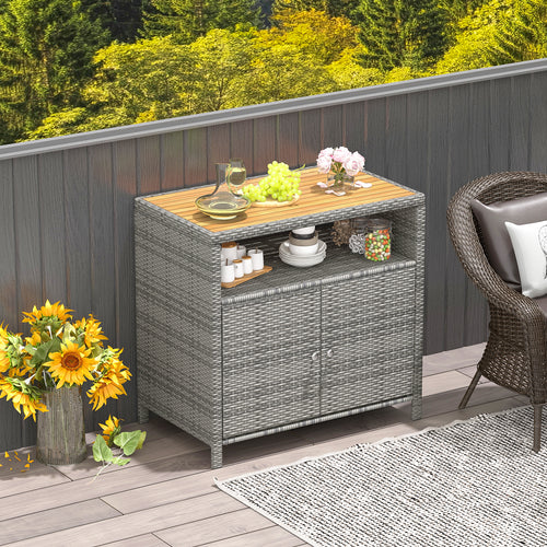 Rattan Storage Cabinet with Acacia Wood Countertop for Poolside Deck and Patio, Gray