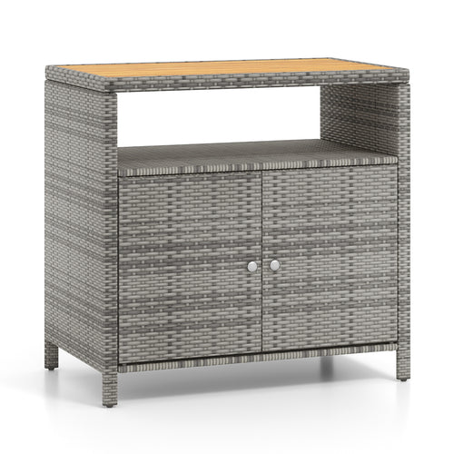 Rattan Storage Cabinet with Acacia Wood Countertop for Poolside Deck and Patio, Gray