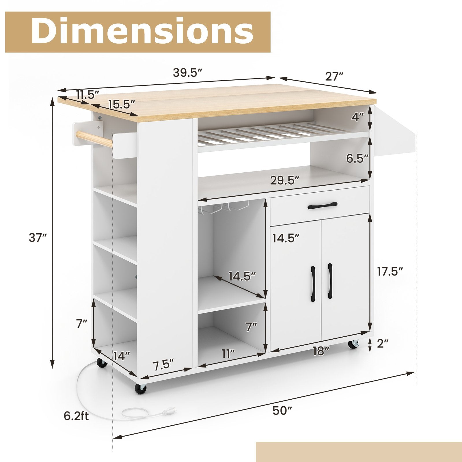 Rolling Kitchen Island Cart with Power Outlet for Dining Room-White and Natural, White Kitchen Islands & Carts   at Gallery Canada