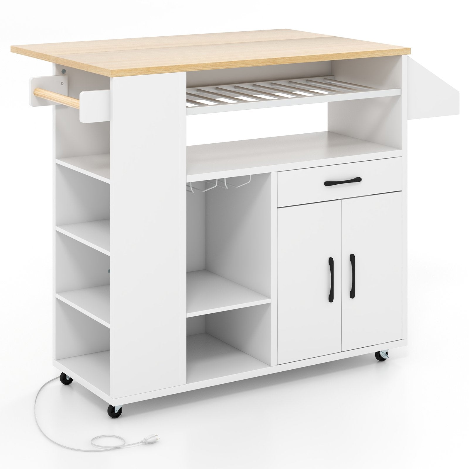 Rolling Kitchen Island Cart with Power Outlet for Dining Room-White and Natural, White Kitchen Islands & Carts White  at Gallery Canada