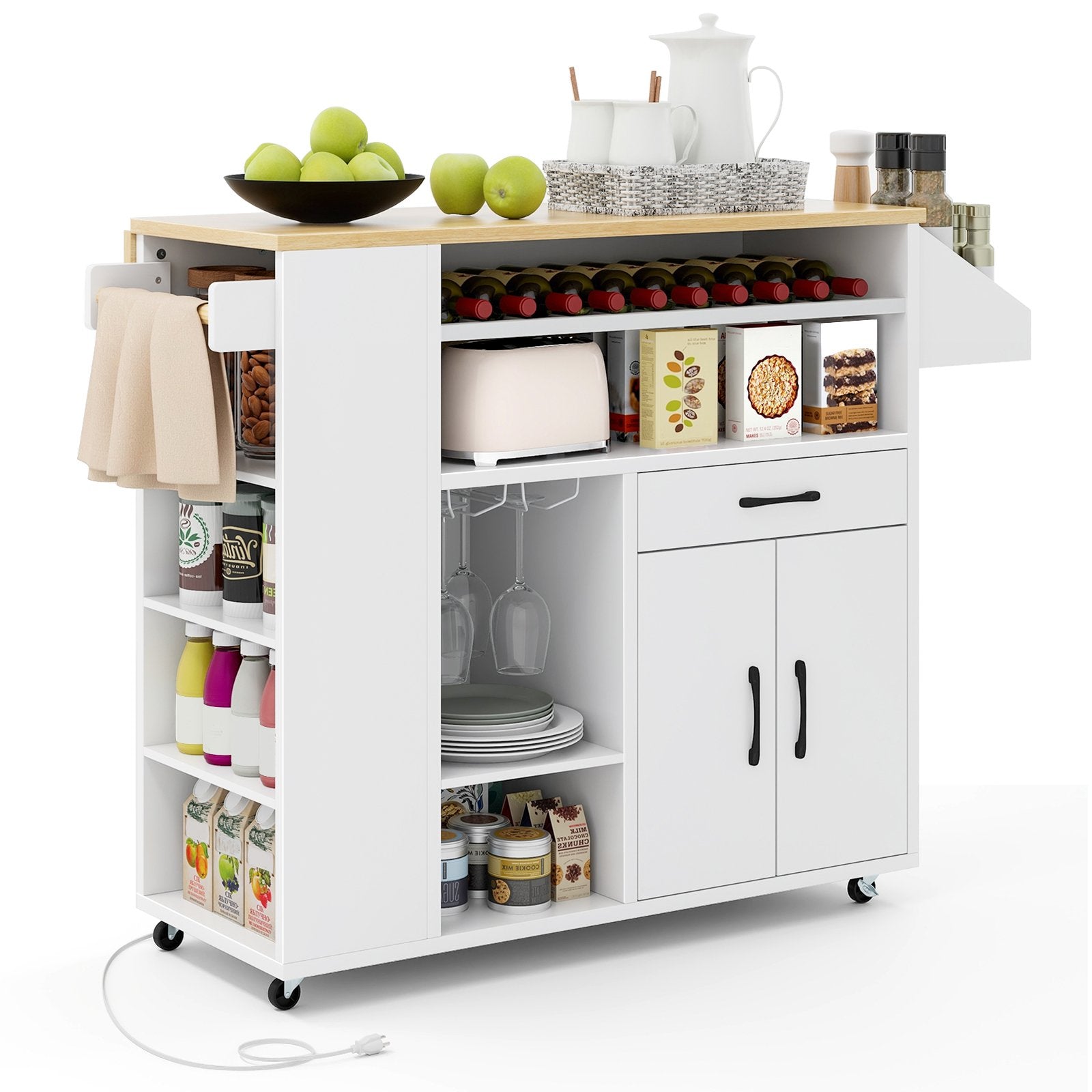 Rolling Kitchen Island Cart with Power Outlet for Dining Room-White and Natural, White Kitchen Islands & Carts   at Gallery Canada