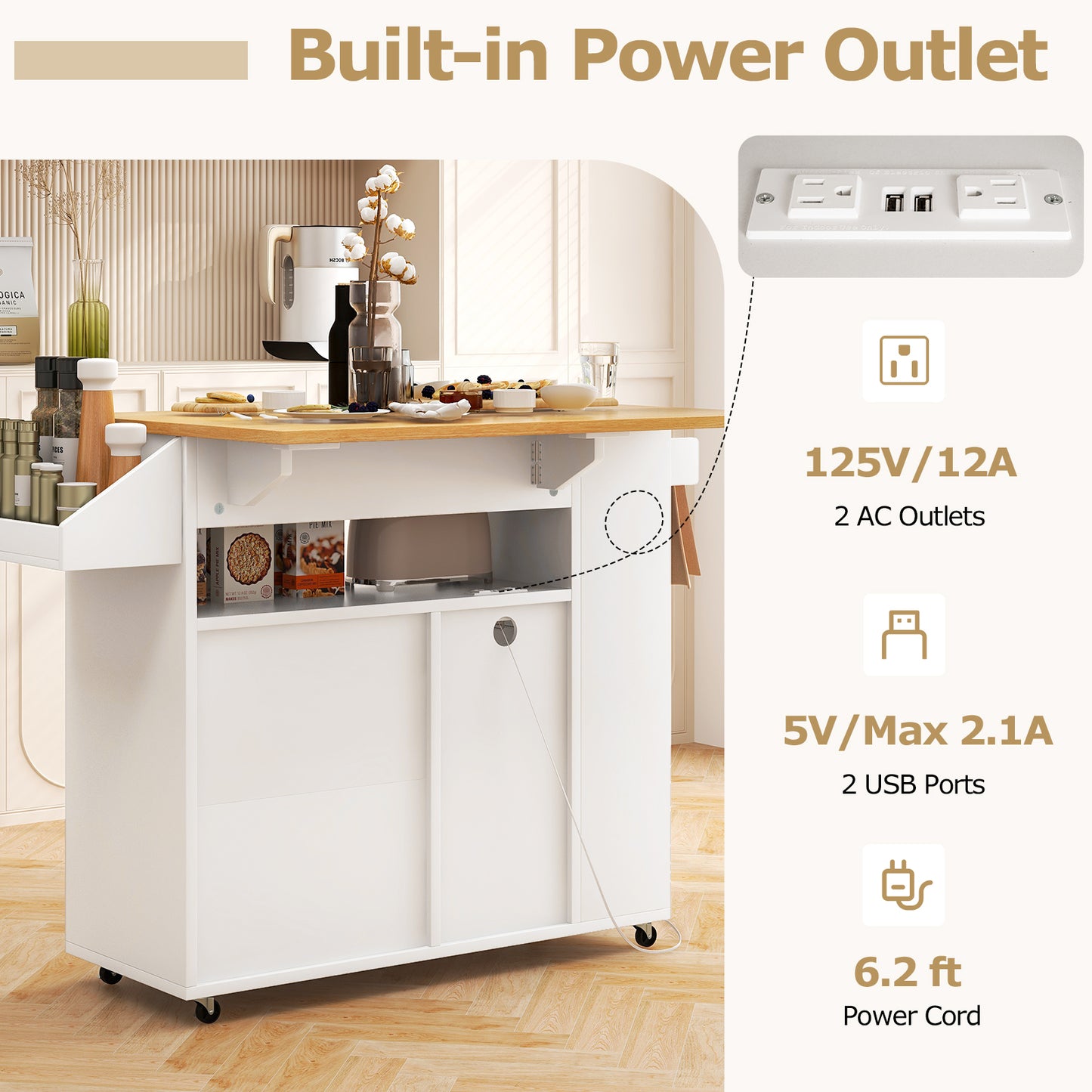 Rolling Kitchen Island Cart with Power Outlet for Dining Room-White and Natural, White Kitchen Islands & Carts   at Gallery Canada