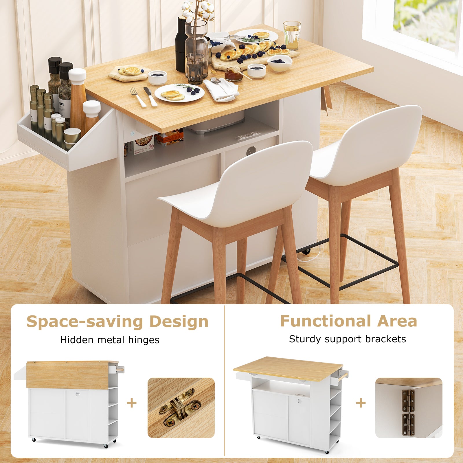 Rolling Kitchen Island Cart with Power Outlet for Dining Room-White and Natural, White Kitchen Islands & Carts   at Gallery Canada