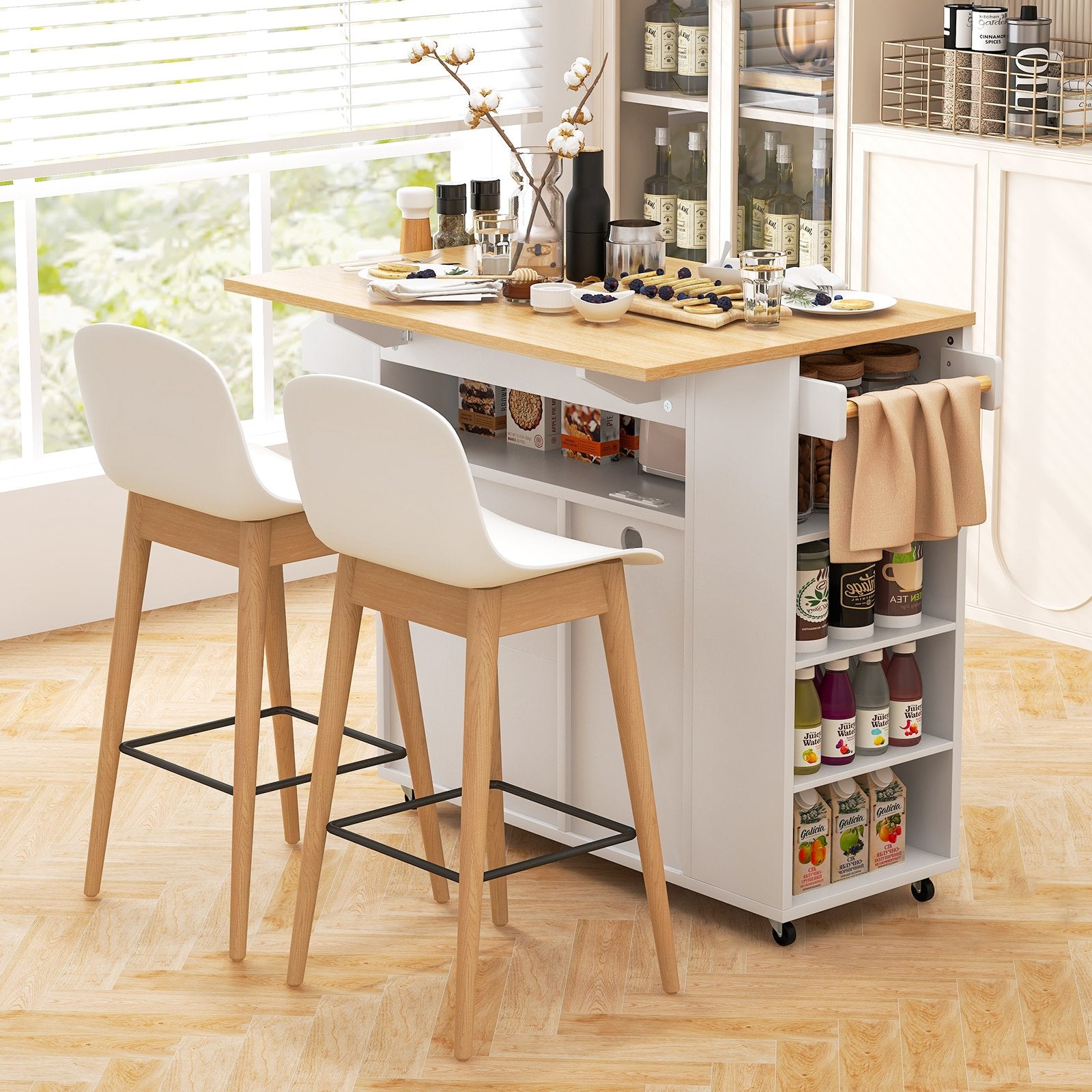 Rolling Kitchen Island Cart with Power Outlet for Dining Room-White and Natural, White Kitchen Islands & Carts   at Gallery Canada