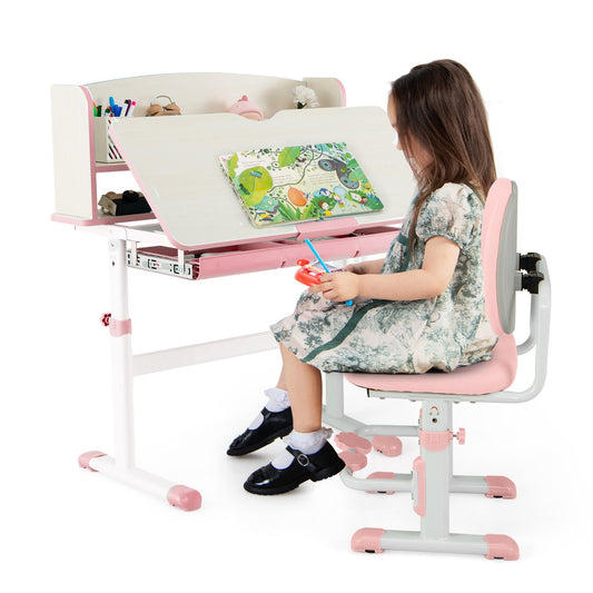 Kids Desk and Chair Set with Adjustable Height and Tilted Desktop, Pink Kids Table & Chair Sets Pink  at Gallery Canada