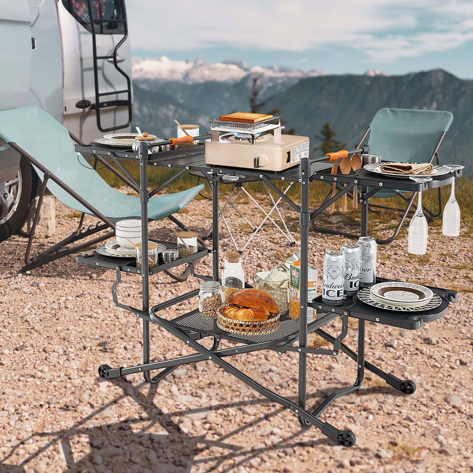Folding Portable Outdoor Cook Station with Heat-Resistant Aluminum Tabletop, Black Camping Furniture at Gallery Canada