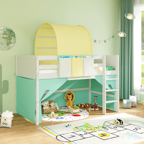 Twin Size Loft Bed Playhouse Bed Frame with Tower Tent and 3 Storage Pockets, Turquoise