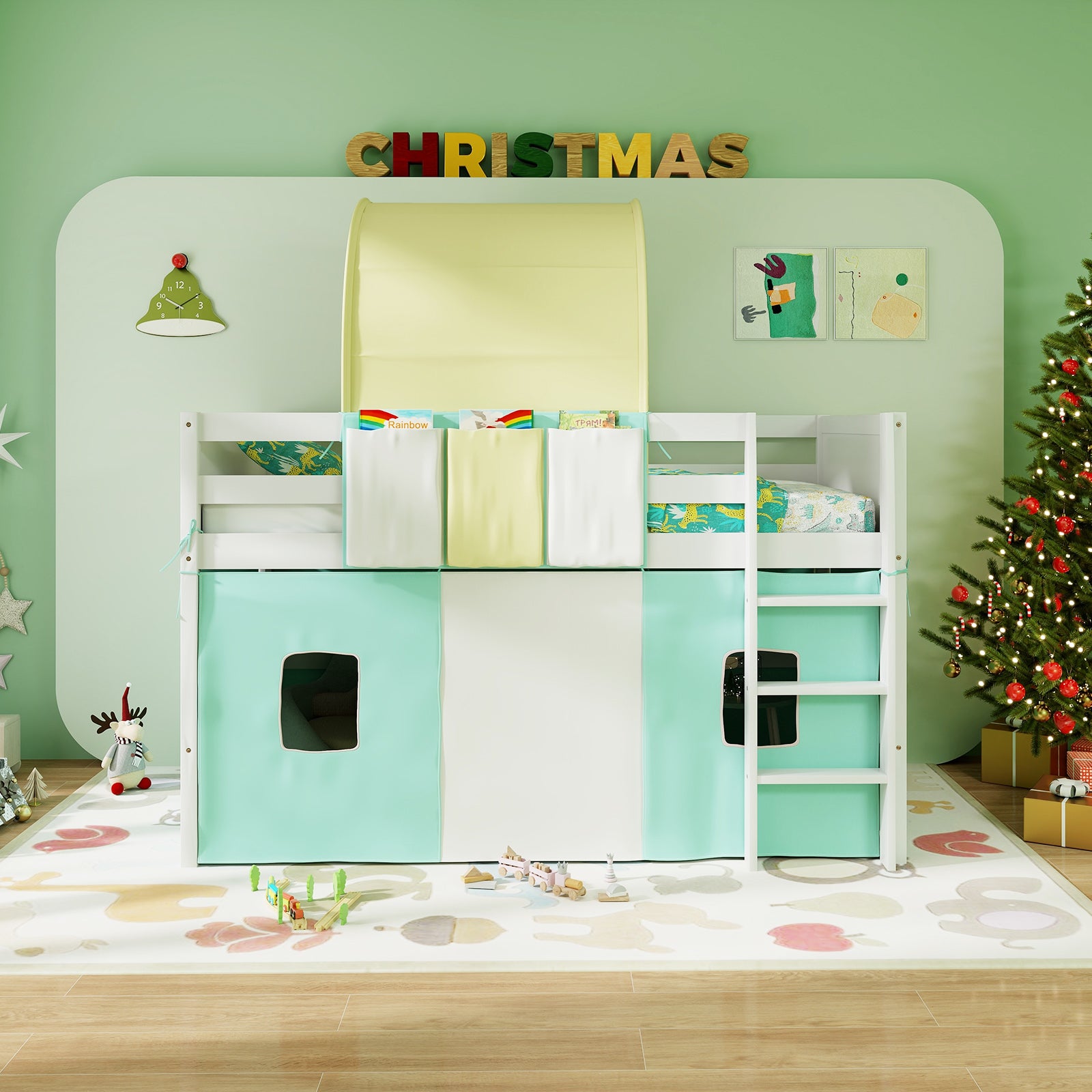 Twin Size Loft Bed Playhouse Bed Frame with Tower Tent and 3 Storage Pockets, Turquoise Bunk Bed Frame at Gallery Canada