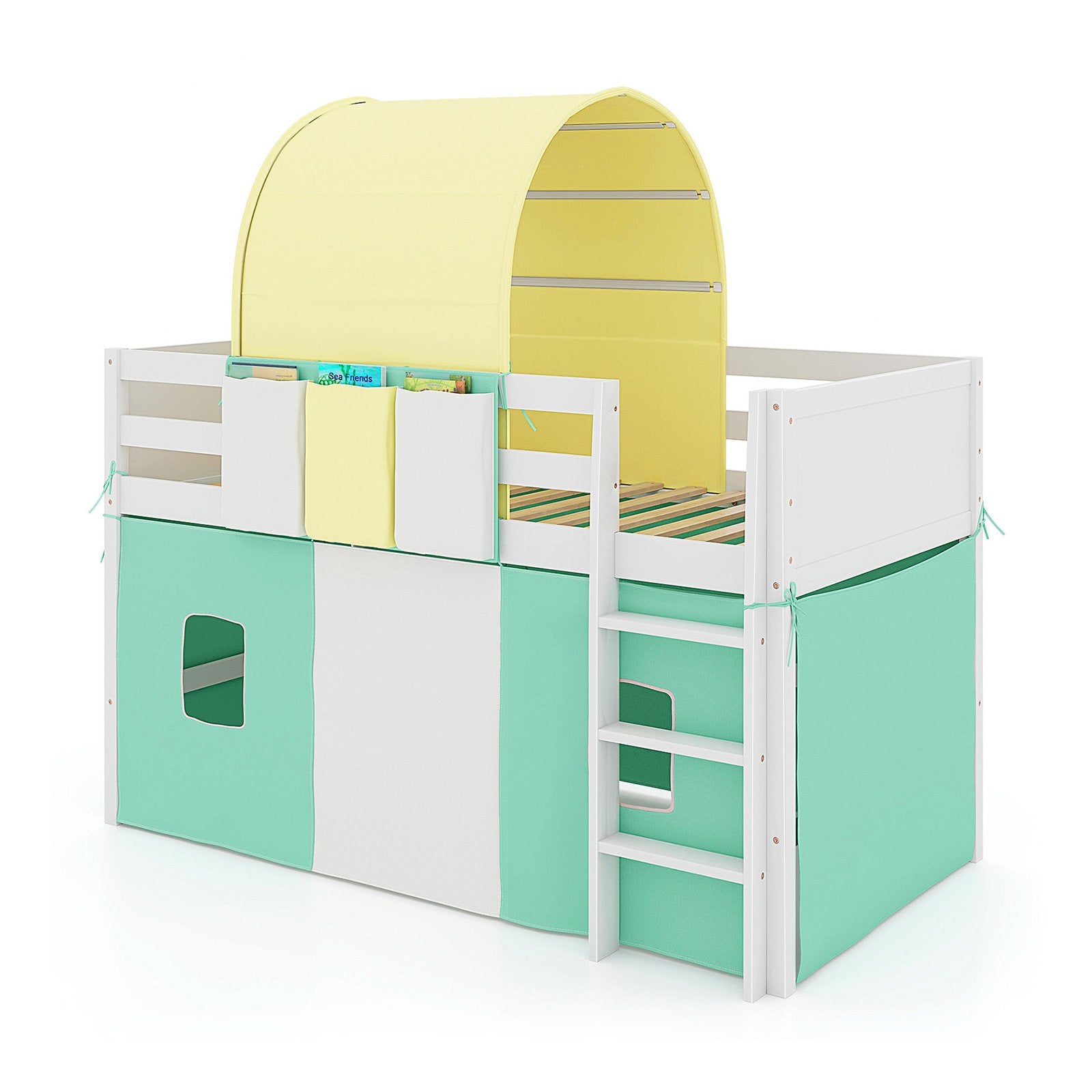 Twin Size Loft Bed Playhouse Bed Frame with Tower Tent and 3 Storage Pockets, Turquoise Bunk Bed Frame Turquoise at Gallery Canada