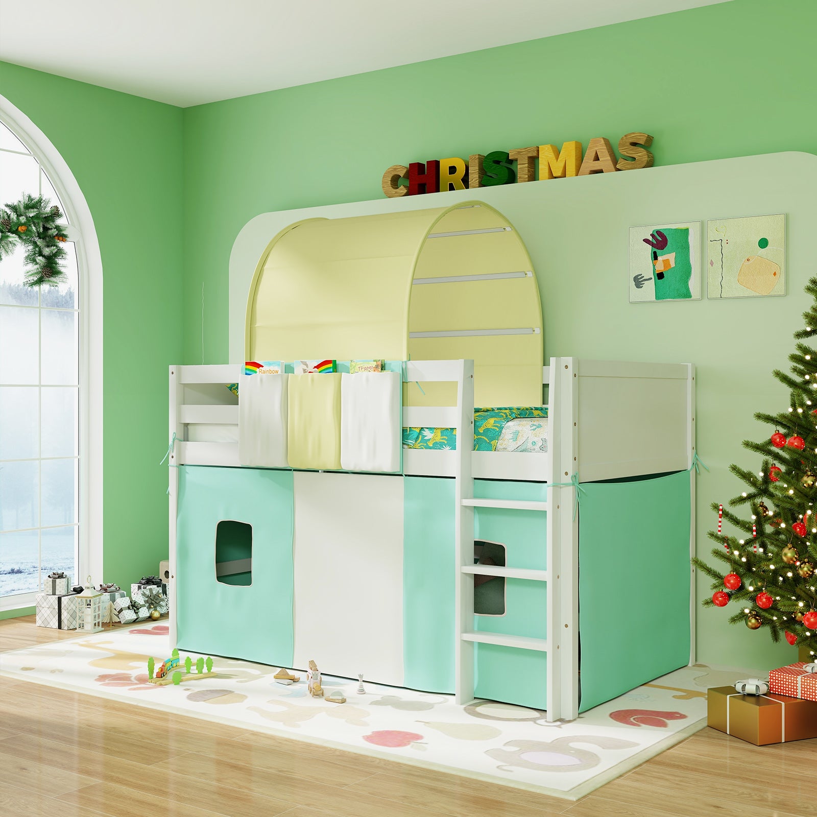 Twin Size Loft Bed Playhouse Bed Frame with Tower Tent and 3 Storage Pockets, Turquoise Bunk Bed Frame at Gallery Canada