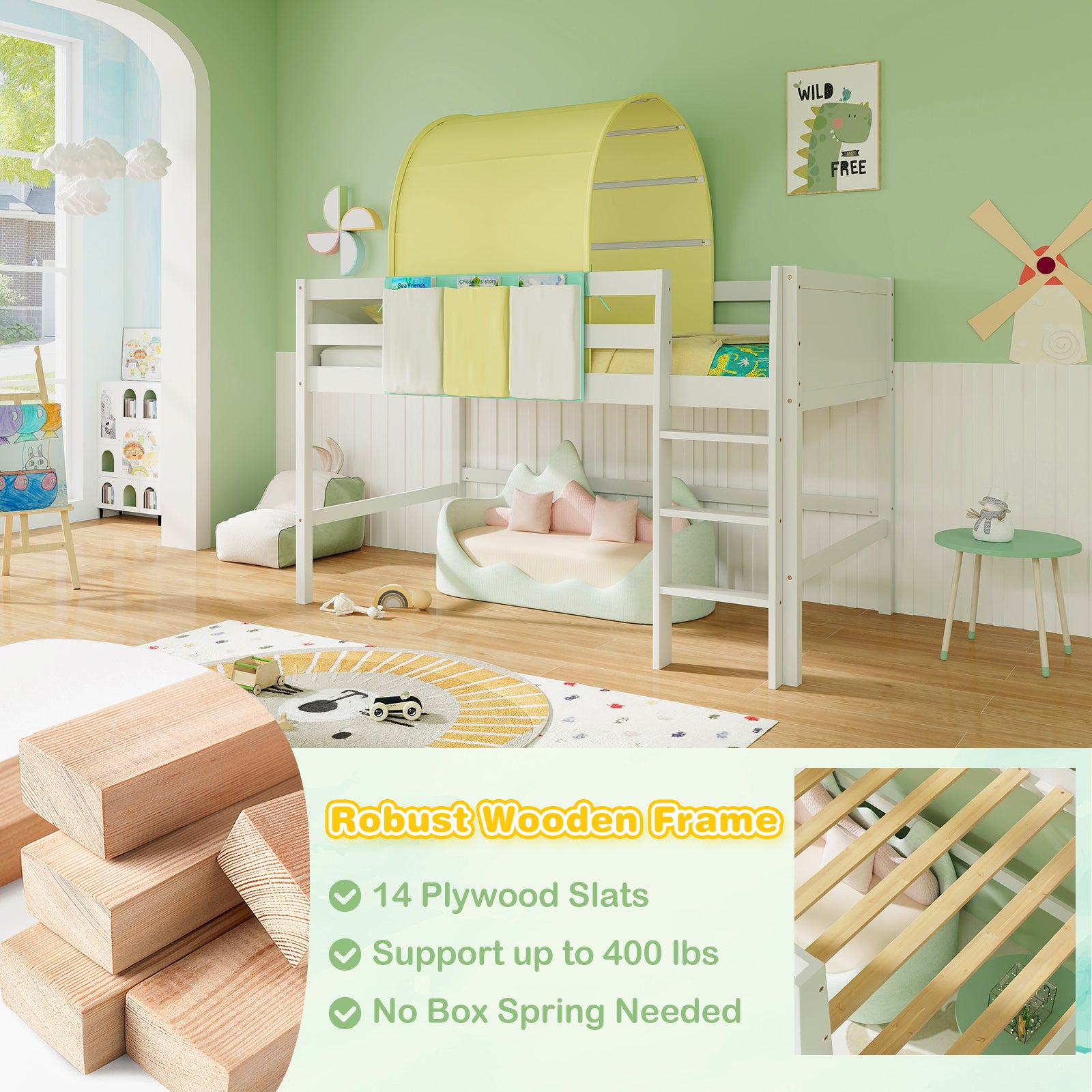 Twin Size Loft Bed Playhouse Bed Frame with Tower Tent and 3 Storage Pockets, Turquoise Bunk Bed Frame at Gallery Canada