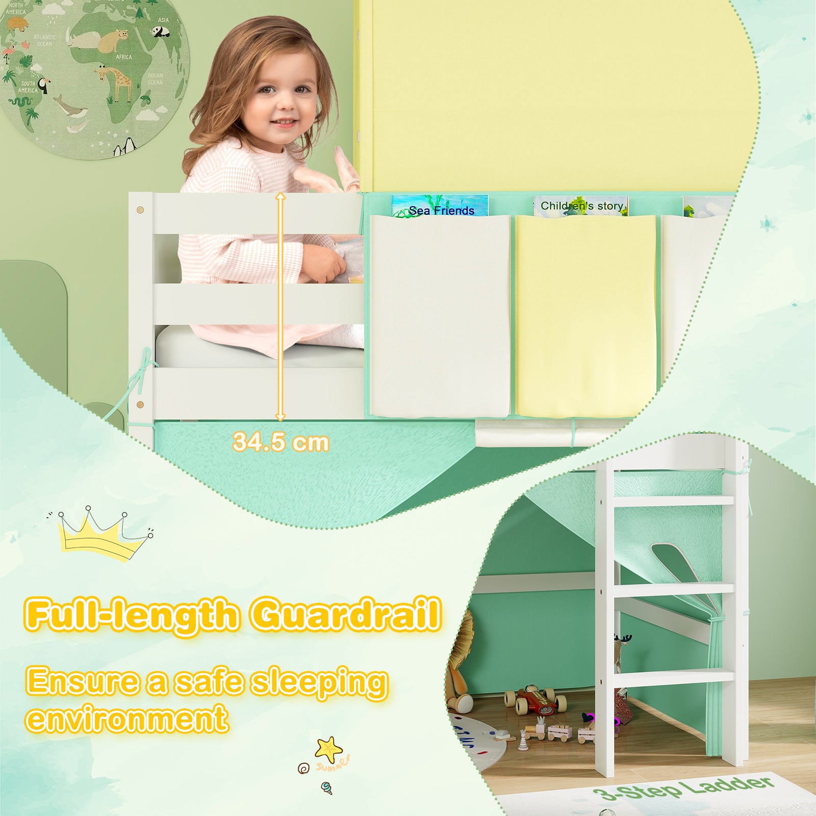 Twin Size Loft Bed Playhouse Bed Frame with Tower Tent and 3 Storage Pockets, Turquoise Bunk Bed Frame at Gallery Canada