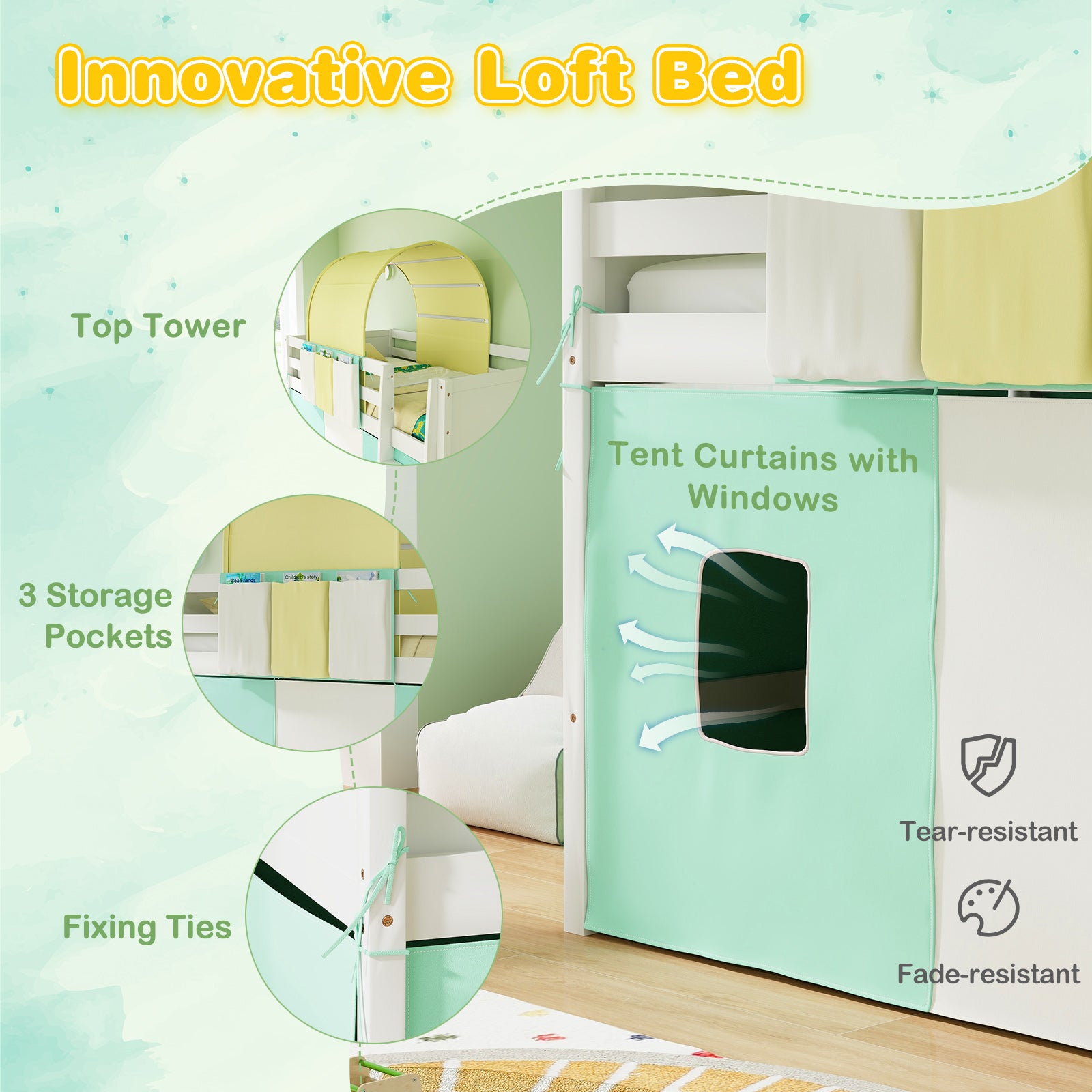 Twin Size Loft Bed Playhouse Bed Frame with Tower Tent and 3 Storage Pockets, Turquoise Bunk Bed Frame at Gallery Canada