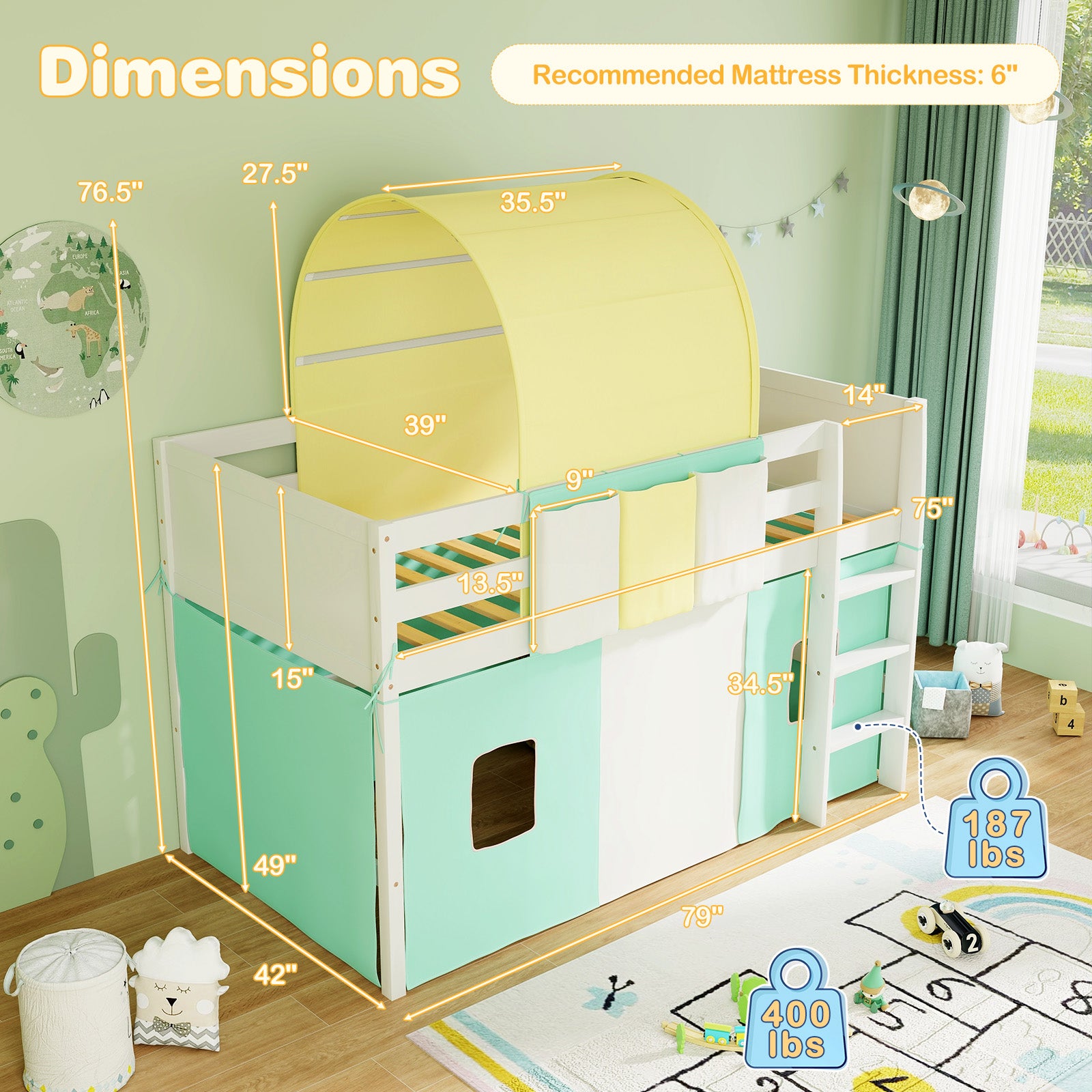 Twin Size Loft Bed Playhouse Bed Frame with Tower Tent and 3 Storage Pockets, Turquoise Bunk Bed Frame at Gallery Canada