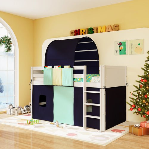 Twin Size Loft Bed Playhouse Bed Frame with Tower Tent and 3 Storage Pockets, Navy