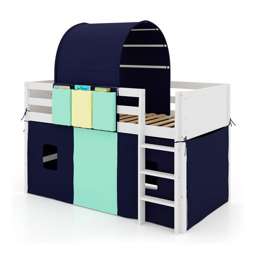 Twin Size Loft Bed Playhouse Bed Frame with Tower Tent and 3 Storage Pockets, Navy
