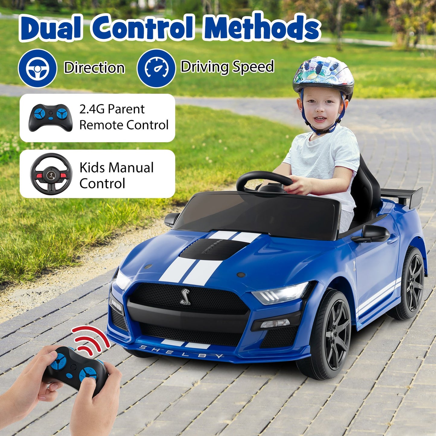 12V Licensed Ford Mustang Shelby GT500 Kids Ride on Car with Remote Control for Kids Aged 3-8, Blue Powered Ride On Toys   at Gallery Canada