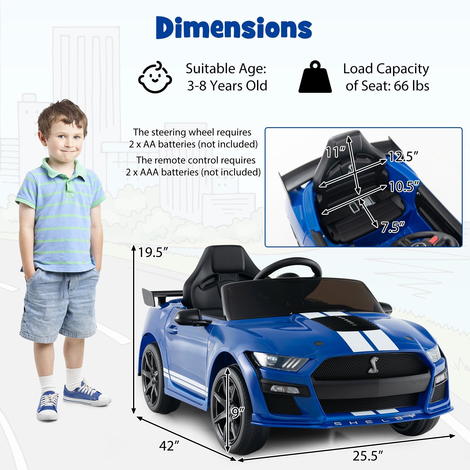 12V Licensed Ford Mustang Shelby GT500 Kids Ride on Car with Remote Control for Kids Aged 3-8, Blue Powered Ride On Toys   at Gallery Canada