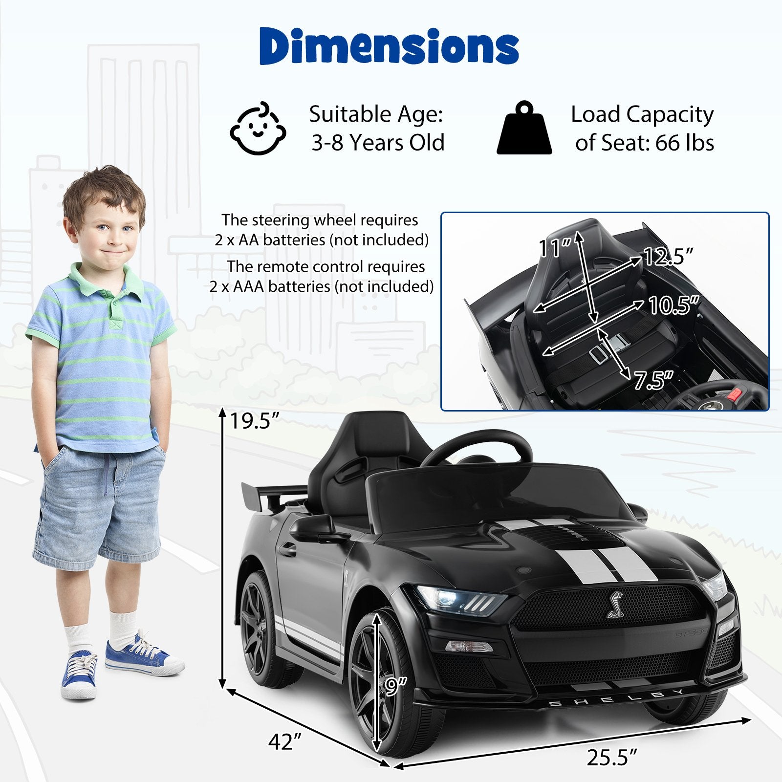 12V Licensed Ford Mustang Shelby GT500 Kids Ride on Car with Remote Control for Kids Aged 3-8, Black Powered Ride On Toys   at Gallery Canada