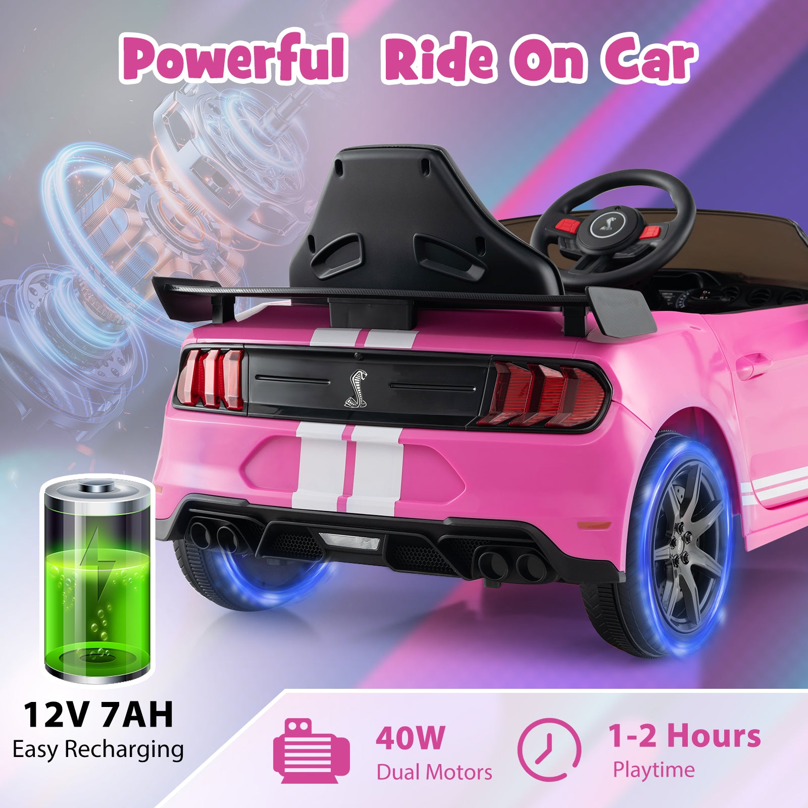 12V Licensed Ford Mustang Shelby GT500 Kids Ride on Car with Remote Control for Kids Aged 3-8, Pink Powered Ride On Toys   at Gallery Canada