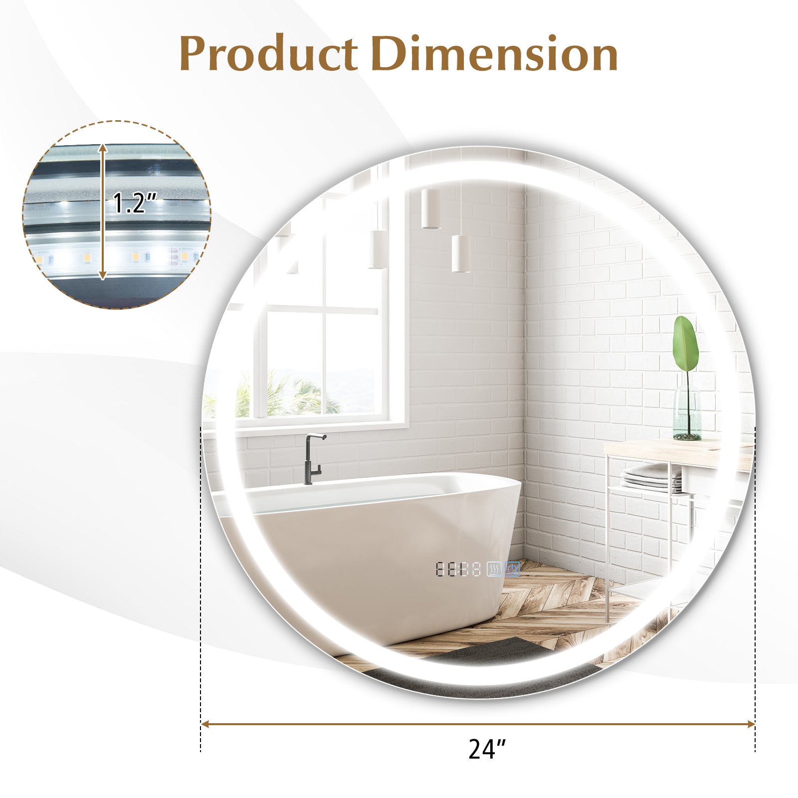 24 Inch Anti-Fog Bathroom Wall Mirror with 3-Color LED Lights and Temperature Display Wall Mirrors at Gallery Canada