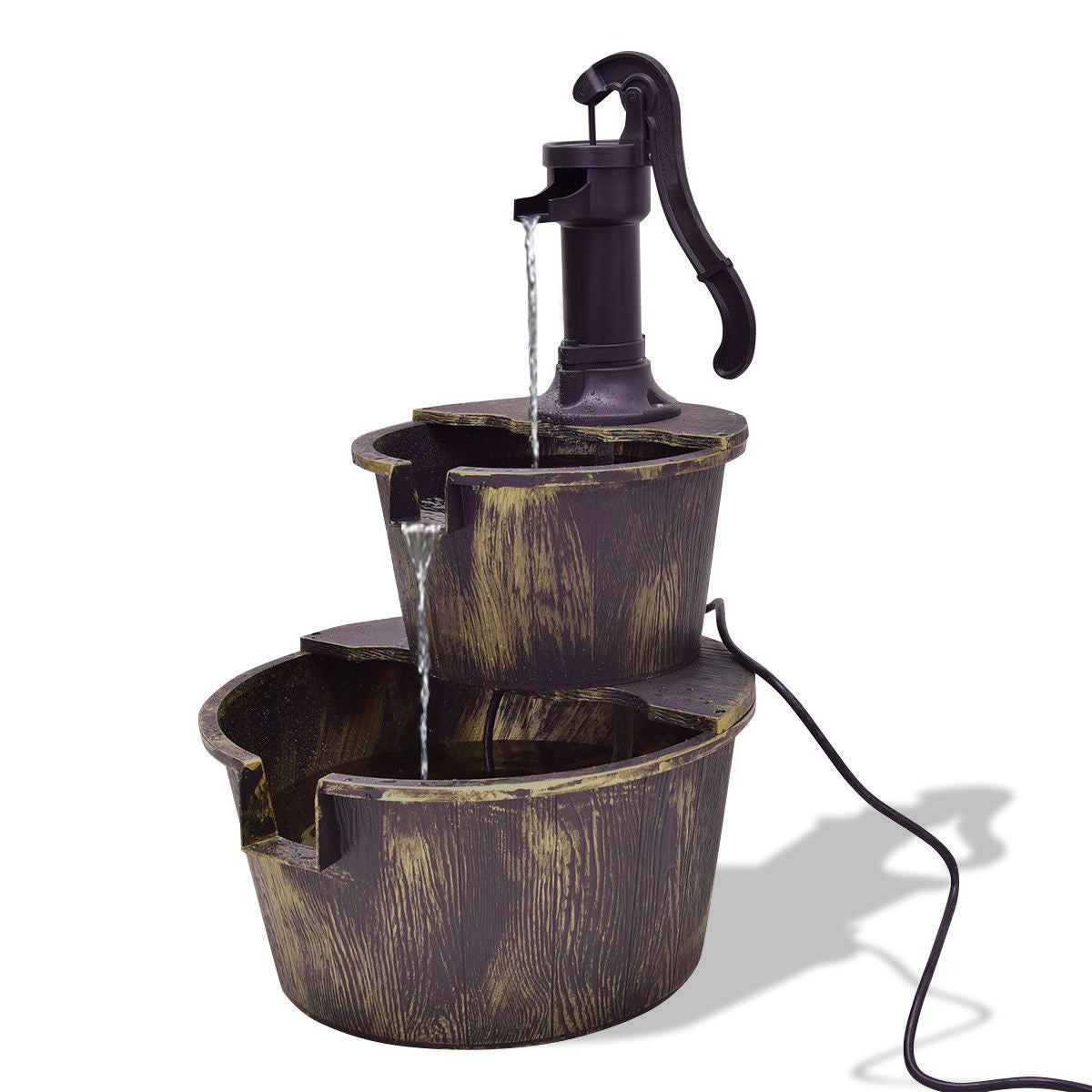 2 Tiers Outdoor Barrel Waterfall Fountain with Pump, Bronze Outdoor Decor at Gallery Canada