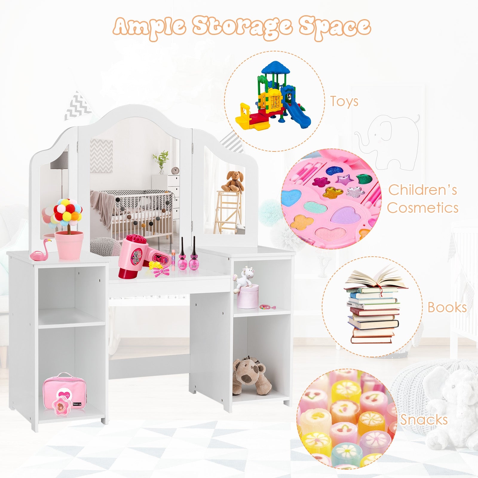 Kids Tri Folding Mirror Makeup Dressing Vanity Table Set, White Kids Vanities at Gallery Canada