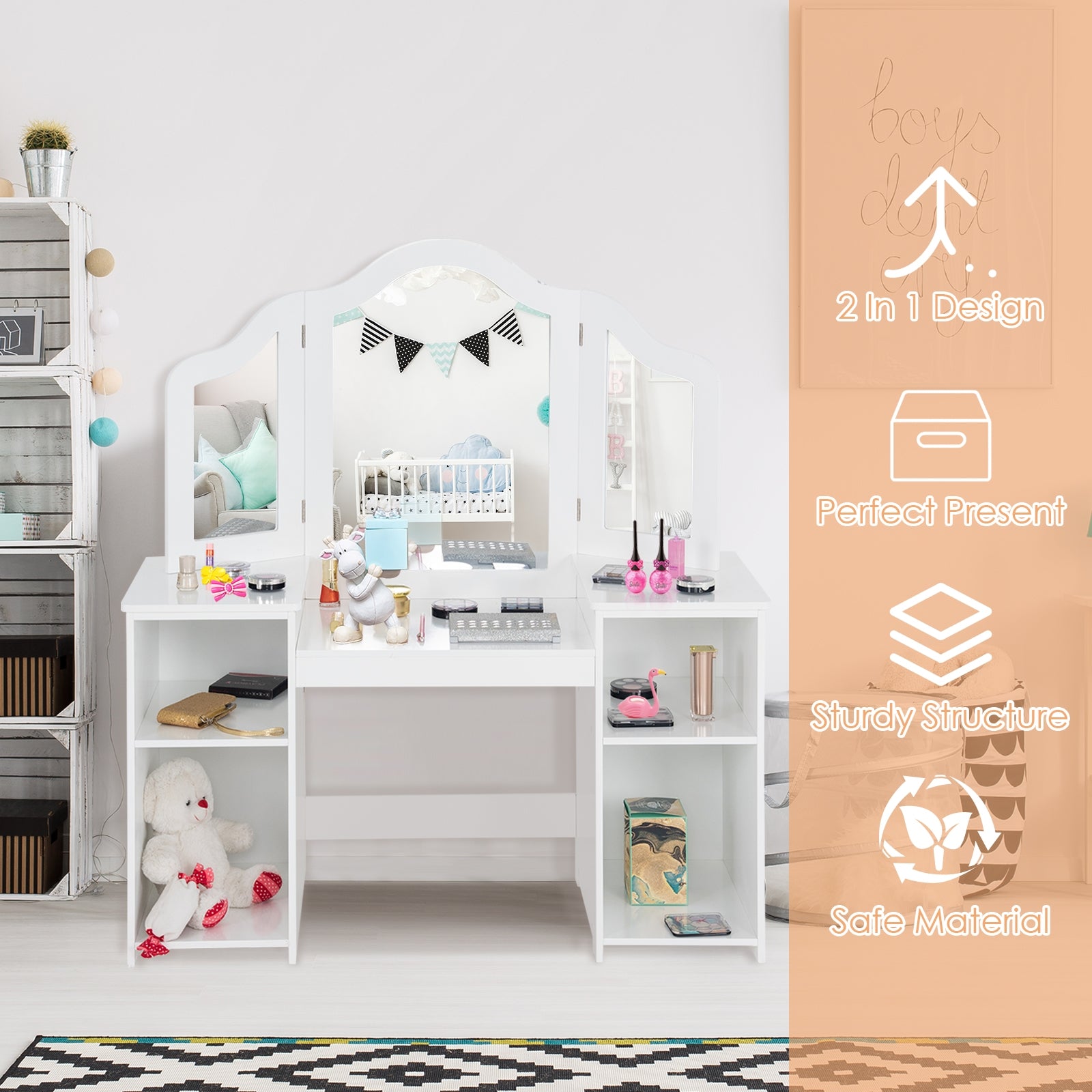 Kids Tri Folding Mirror Makeup Dressing Vanity Table Set, White Kids Vanities at Gallery Canada