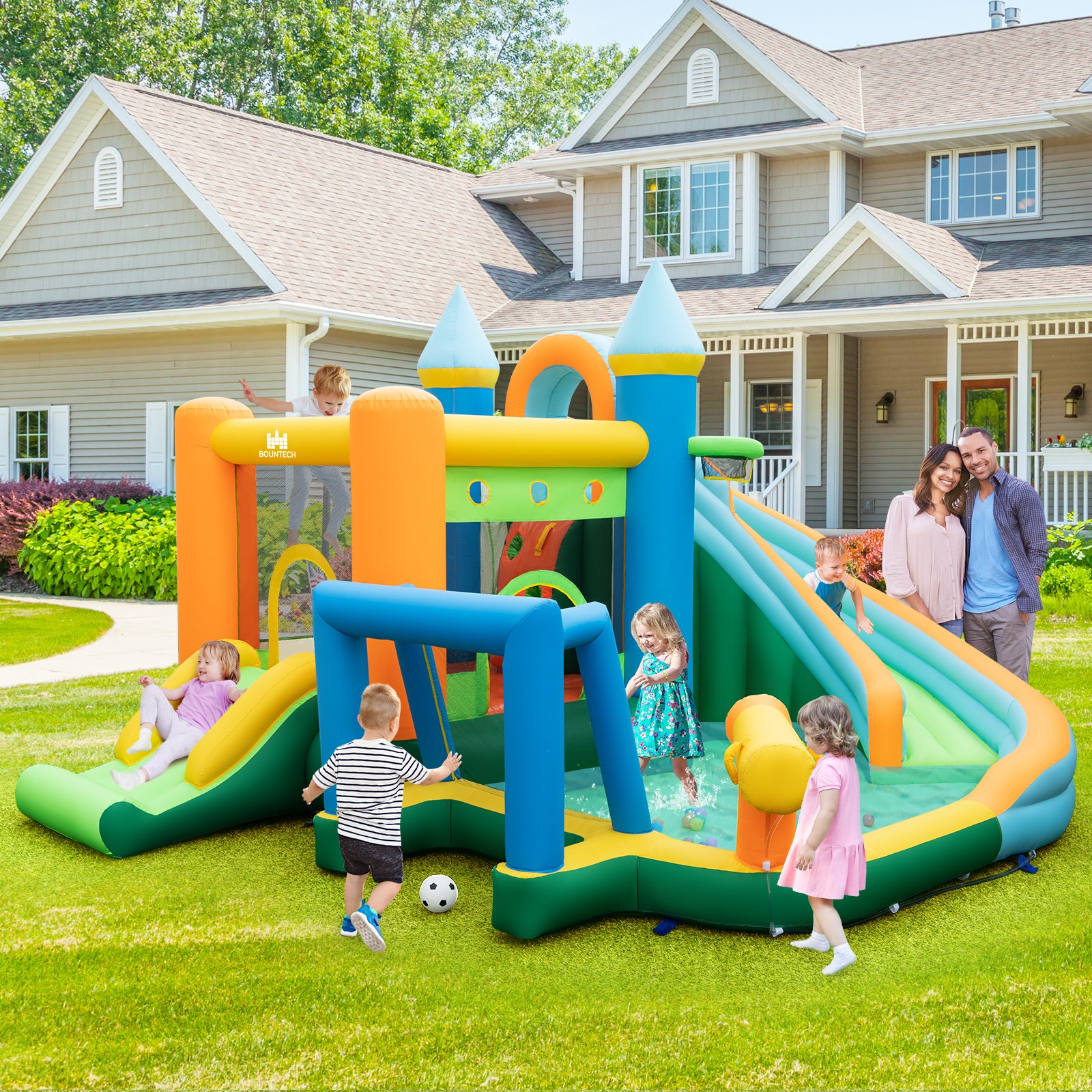 Inflatable Water Slide with Dual Slides and Splash Pool Bounce House with 735W Blower, Green Bounce House at Gallery Canada
