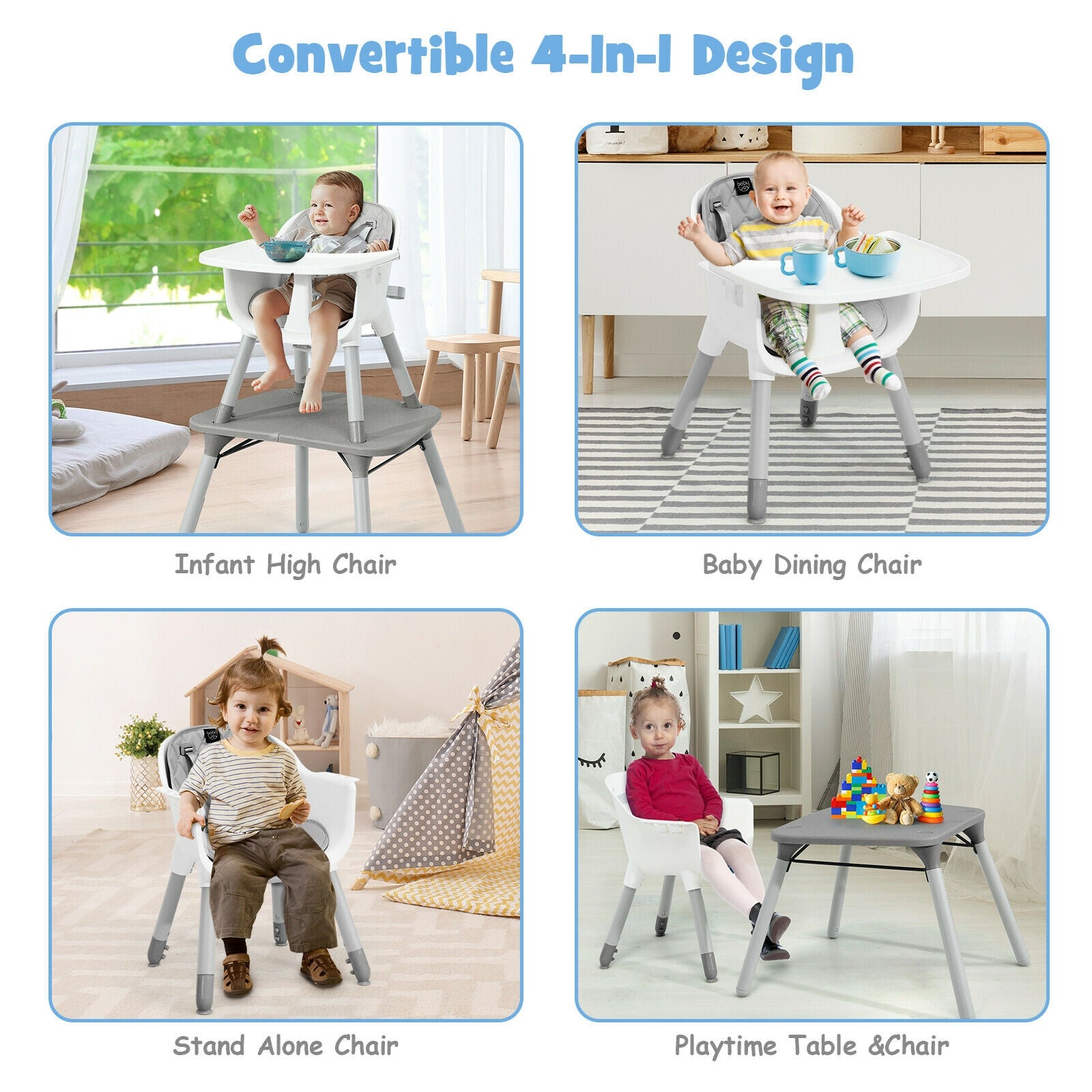 4-in-1 Baby Convertible Toddler Table Chair Set with PU Cushion, Gray High Chairs at Gallery Canada