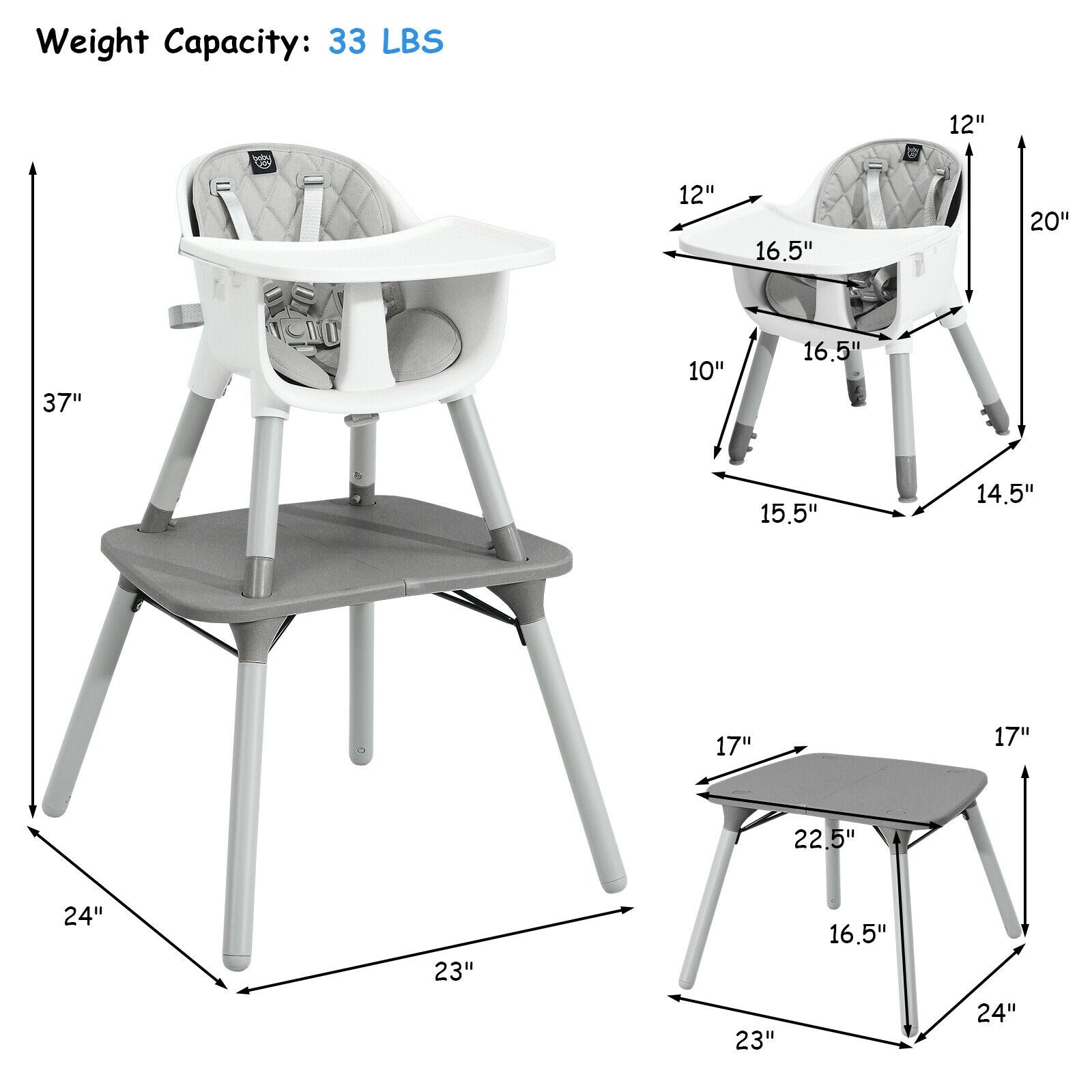 4-in-1 Baby Convertible Toddler Table Chair Set with PU Cushion, Gray High Chairs at Gallery Canada
