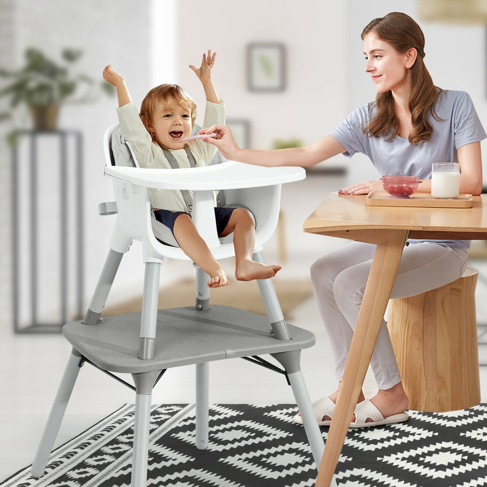 4-in-1 Baby Convertible Toddler Table Chair Set with PU Cushion, Gray High Chairs at Gallery Canada