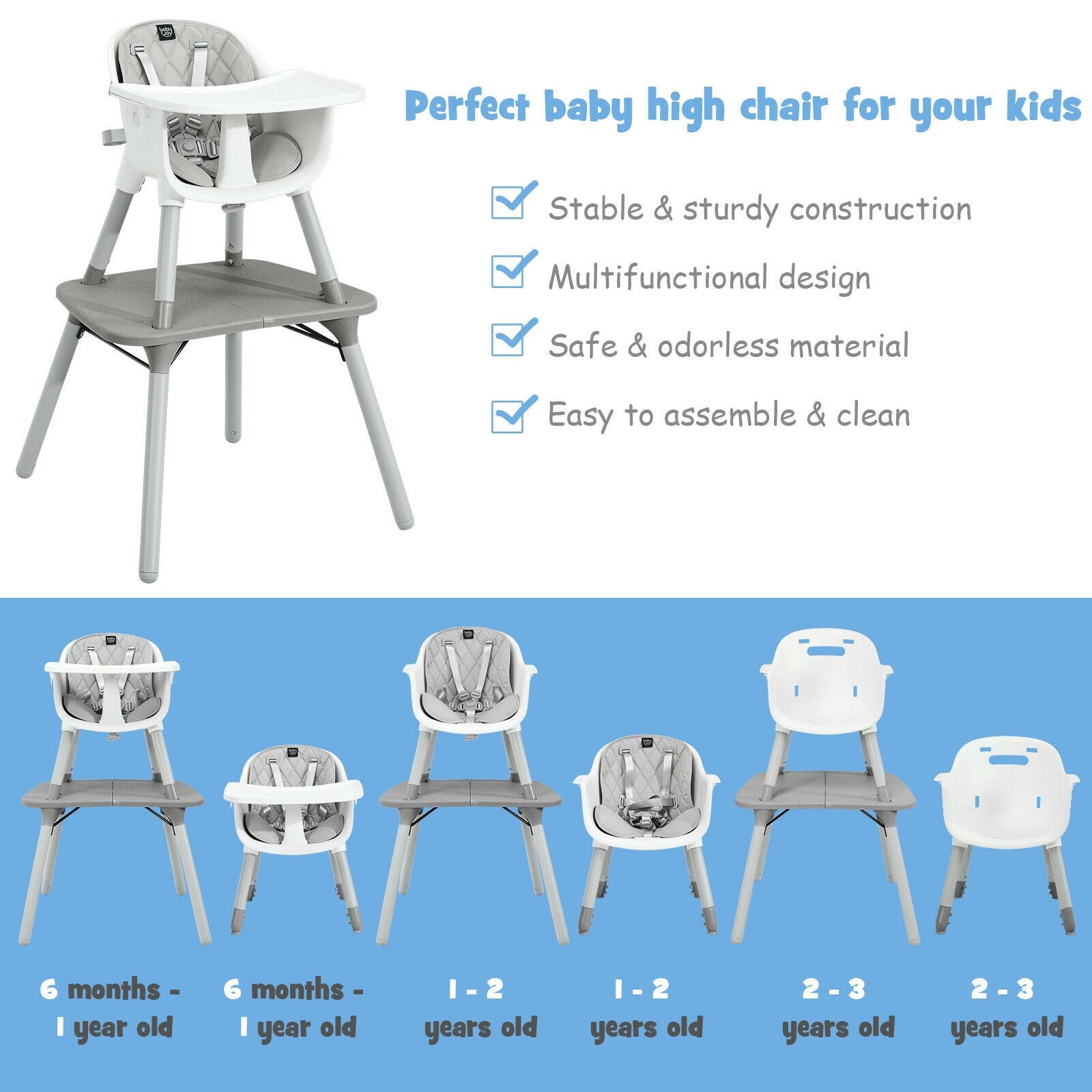 4-in-1 Baby Convertible Toddler Table Chair Set with PU Cushion, Gray High Chairs at Gallery Canada