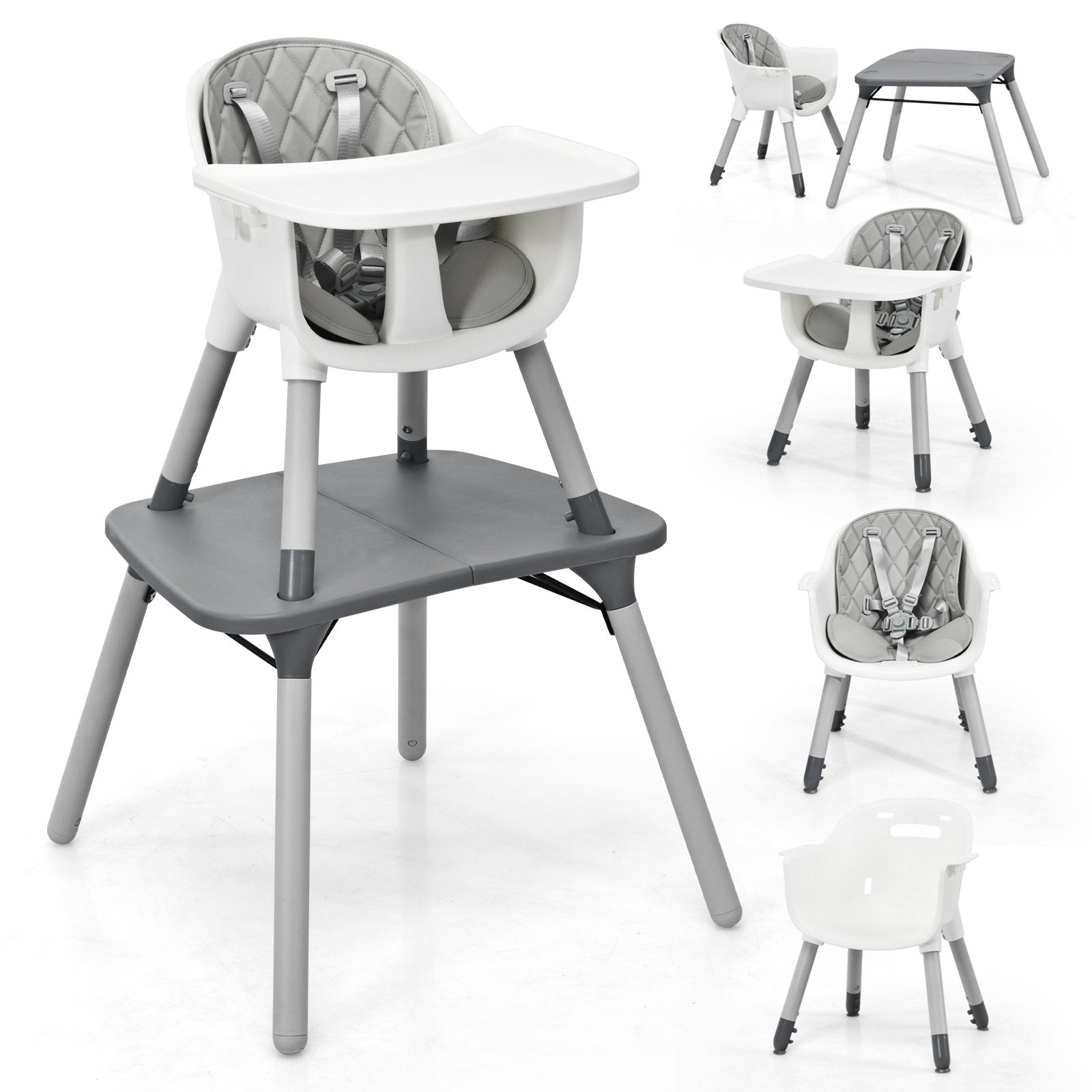 4-in-1 Baby Convertible Toddler Table Chair Set with PU Cushion, Gray High Chairs Gray at Gallery Canada