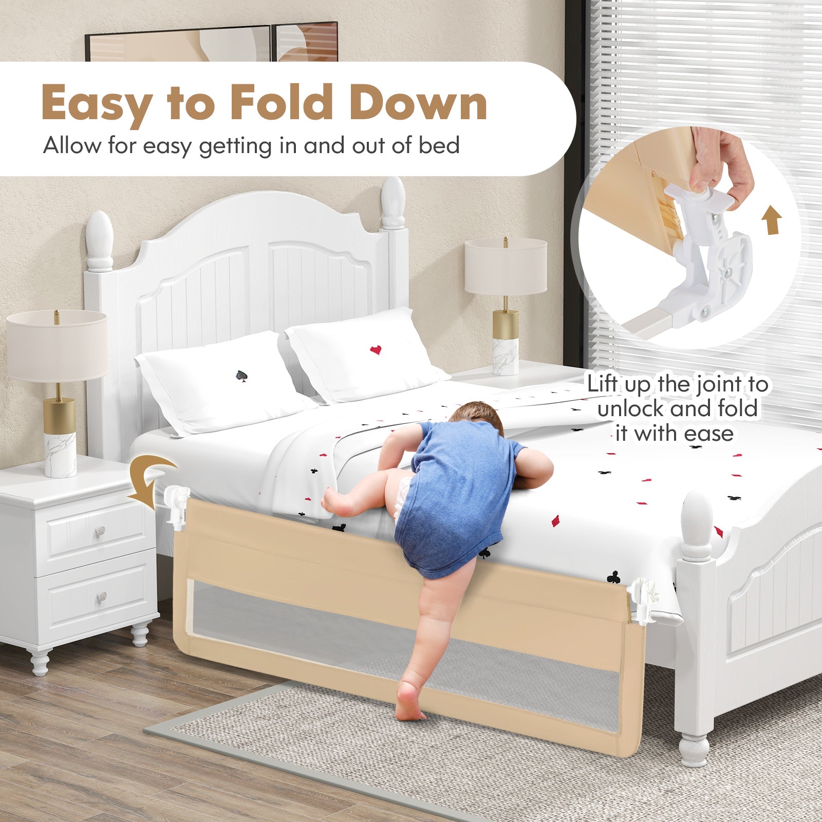 71 Inch Extra Long Swing Down Bed Guardrail with Safety Straps, Beige Bed Rails at Gallery Canada