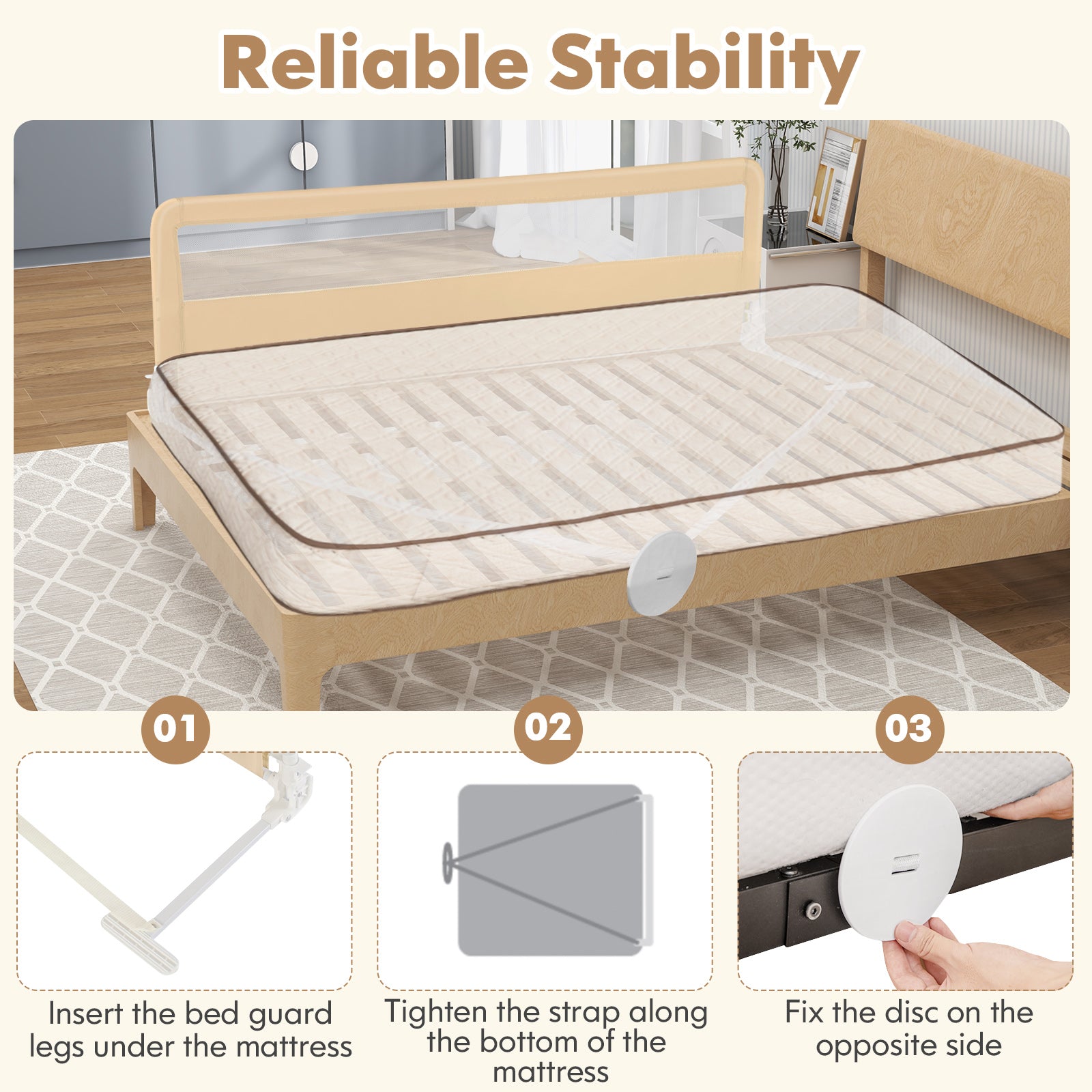 71 Inch Extra Long Swing Down Bed Guardrail with Safety Straps, Beige Bed Rails at Gallery Canada